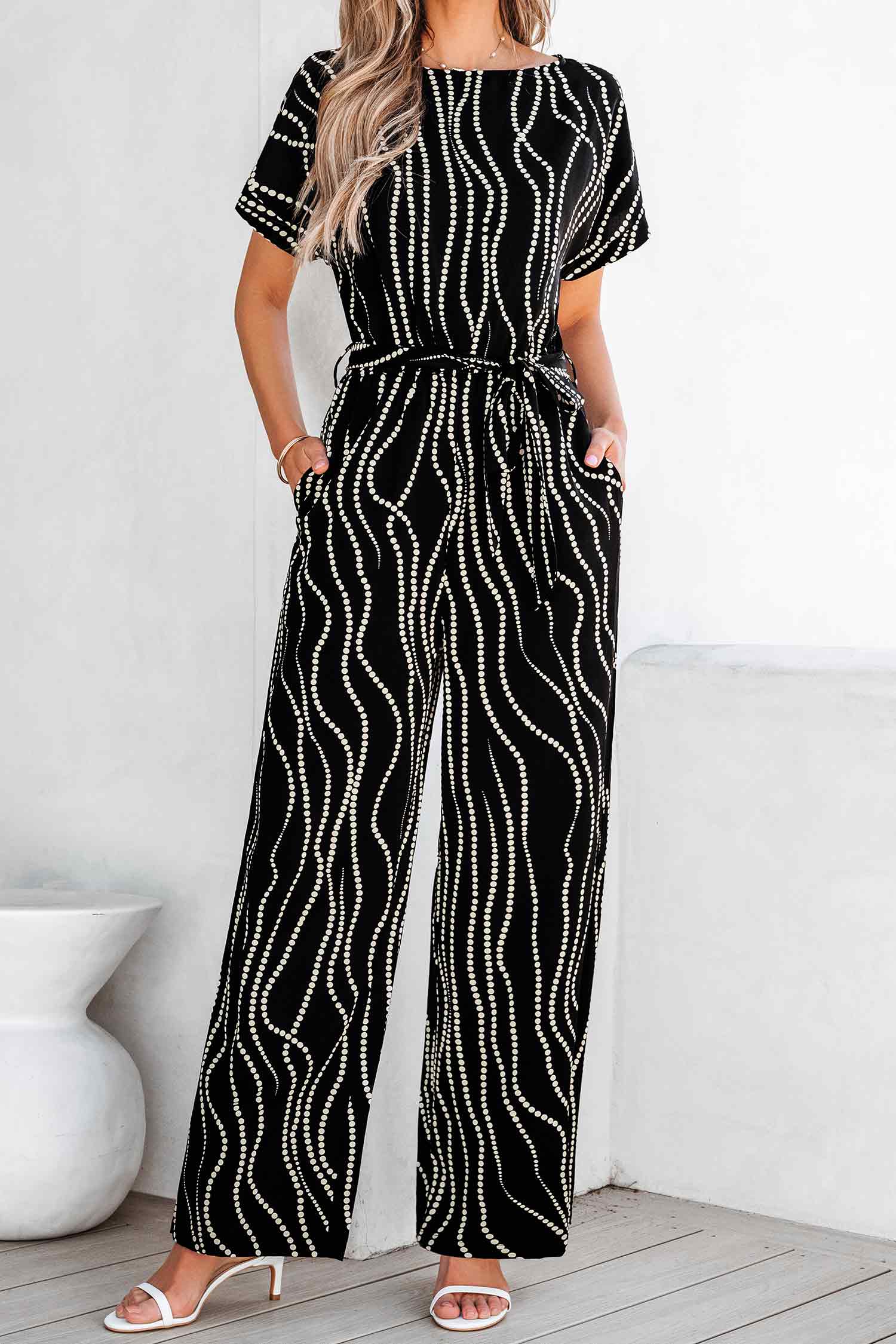 Abstract Dot Boatneck Wide Leg Jumpsuit