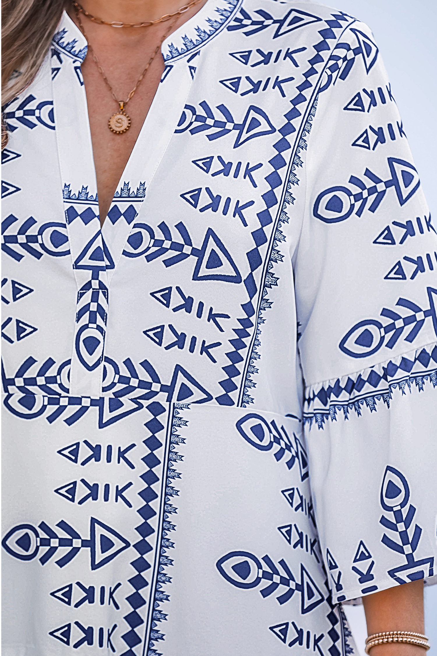 Blue Geo Print Notched Neck Mini Dress