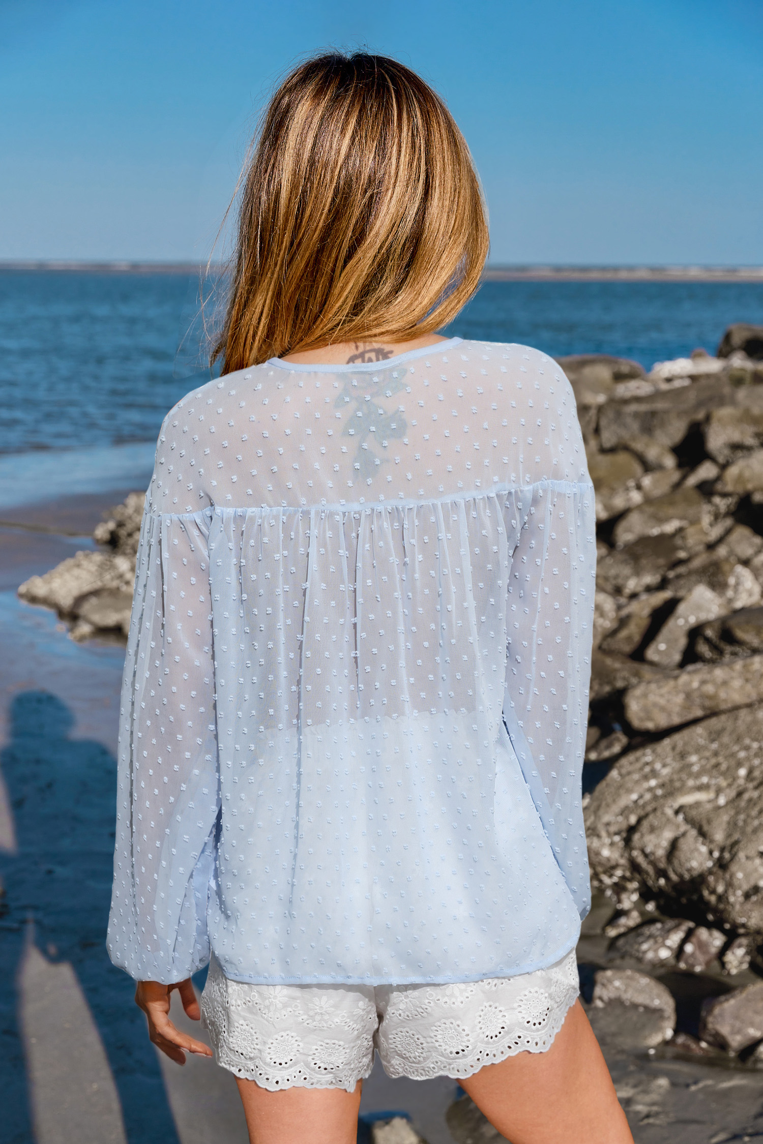 Flower Sheer Puff Sleeve Tunic Top[ブルー] Lua Floral Print Tassel Fringe Slip Dress | Tadashi Shoji