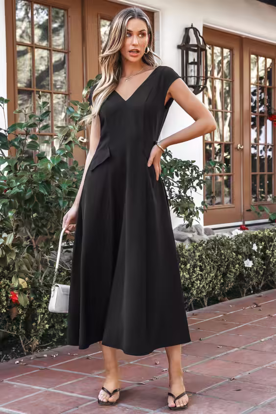 Schwarzes Ärmelloses V-Ausschnitt Maxikleid