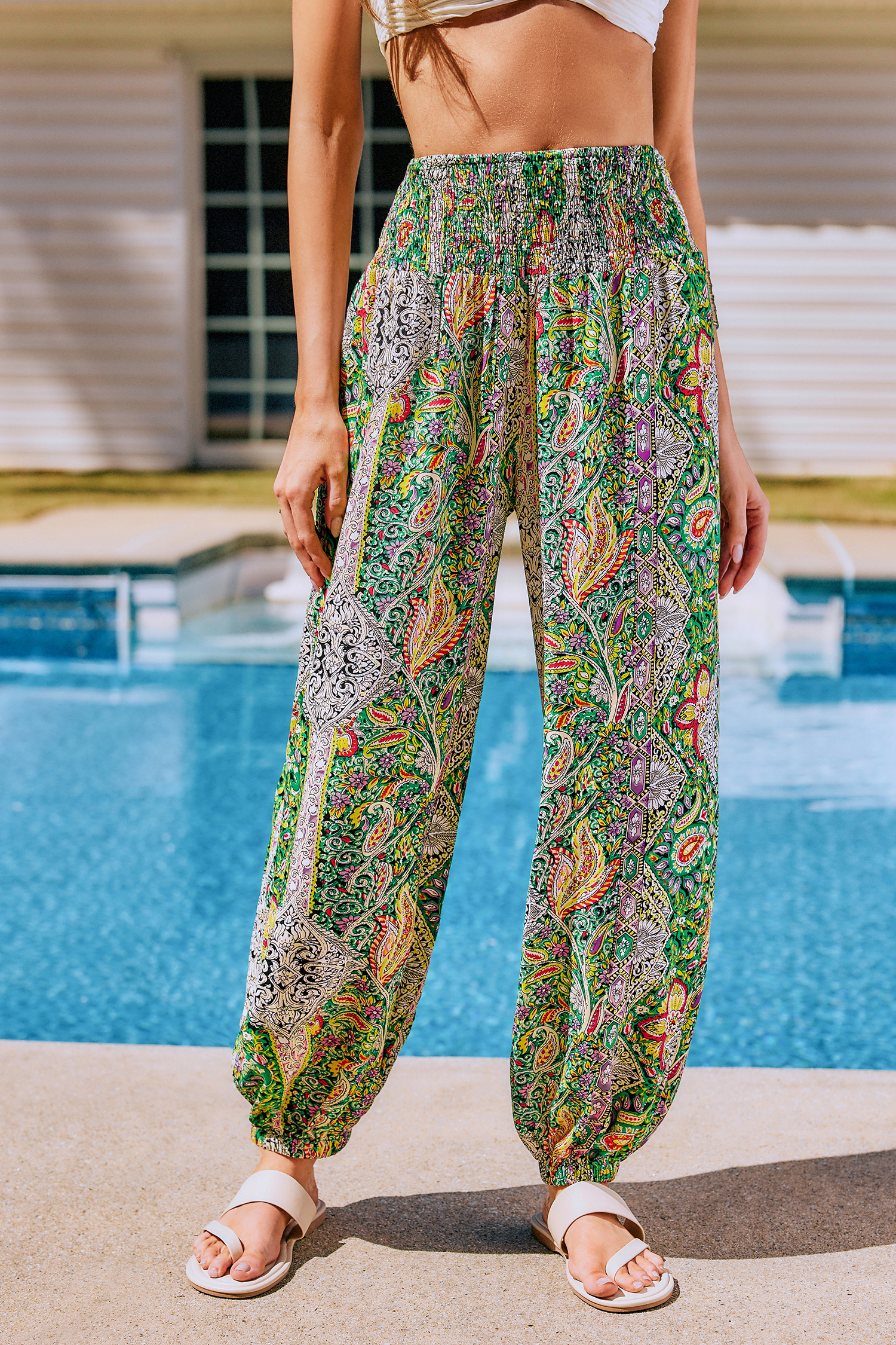 【MODERNIF】Koos tapered wide banding pants Paisley Smocked Waist Tapered Leg Cover-Up Pants