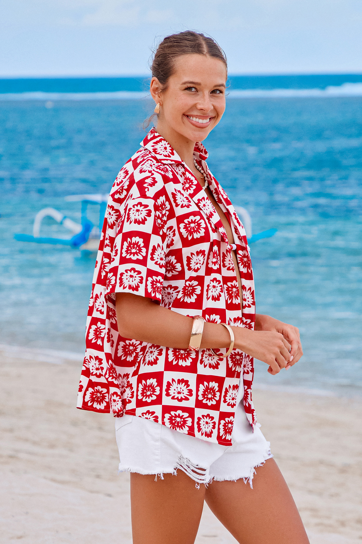 Cupshe Rosy Check Floral Top In Red