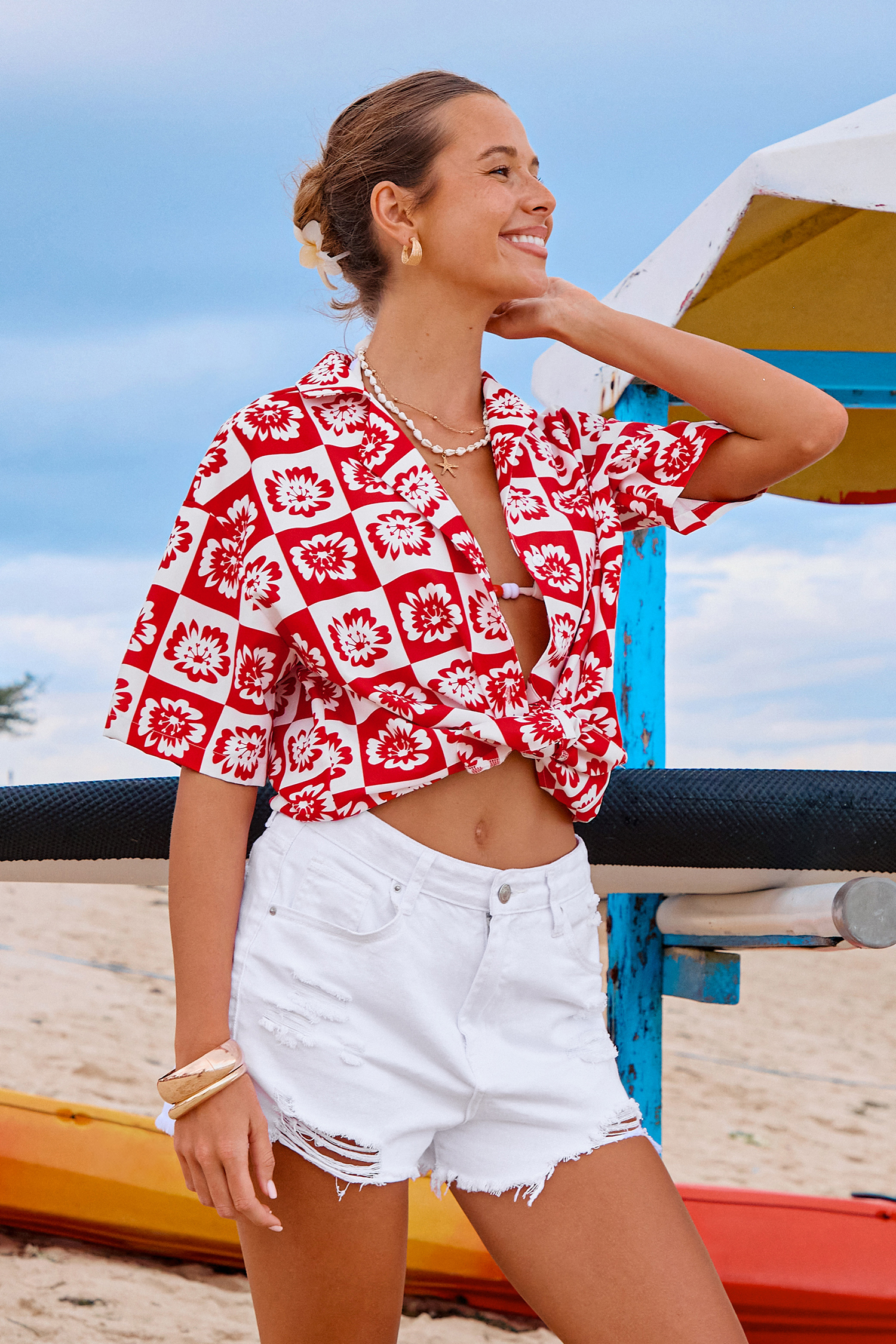 Cupshe Rosy Check Floral Top In Red
