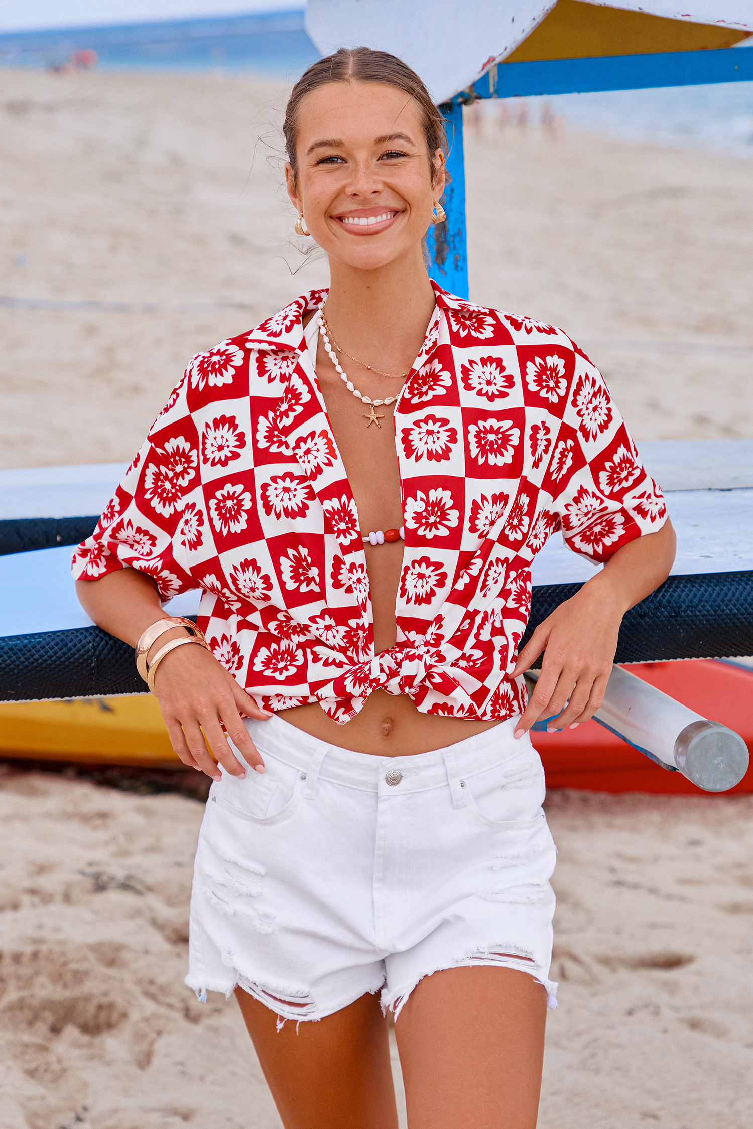 Cupshe Rosy Check Floral Top In Red