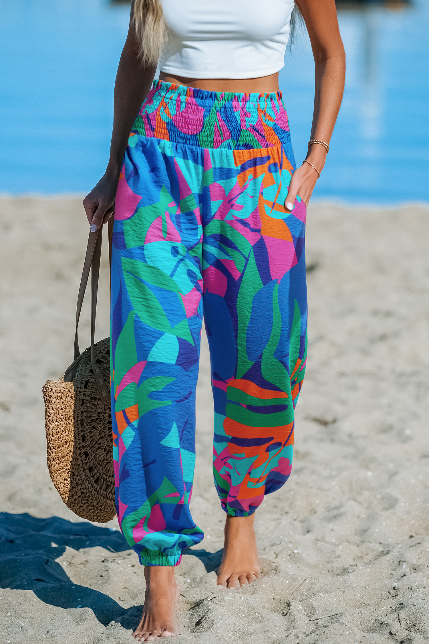 Blaue Tropische Hose mit gesmoktem Bund