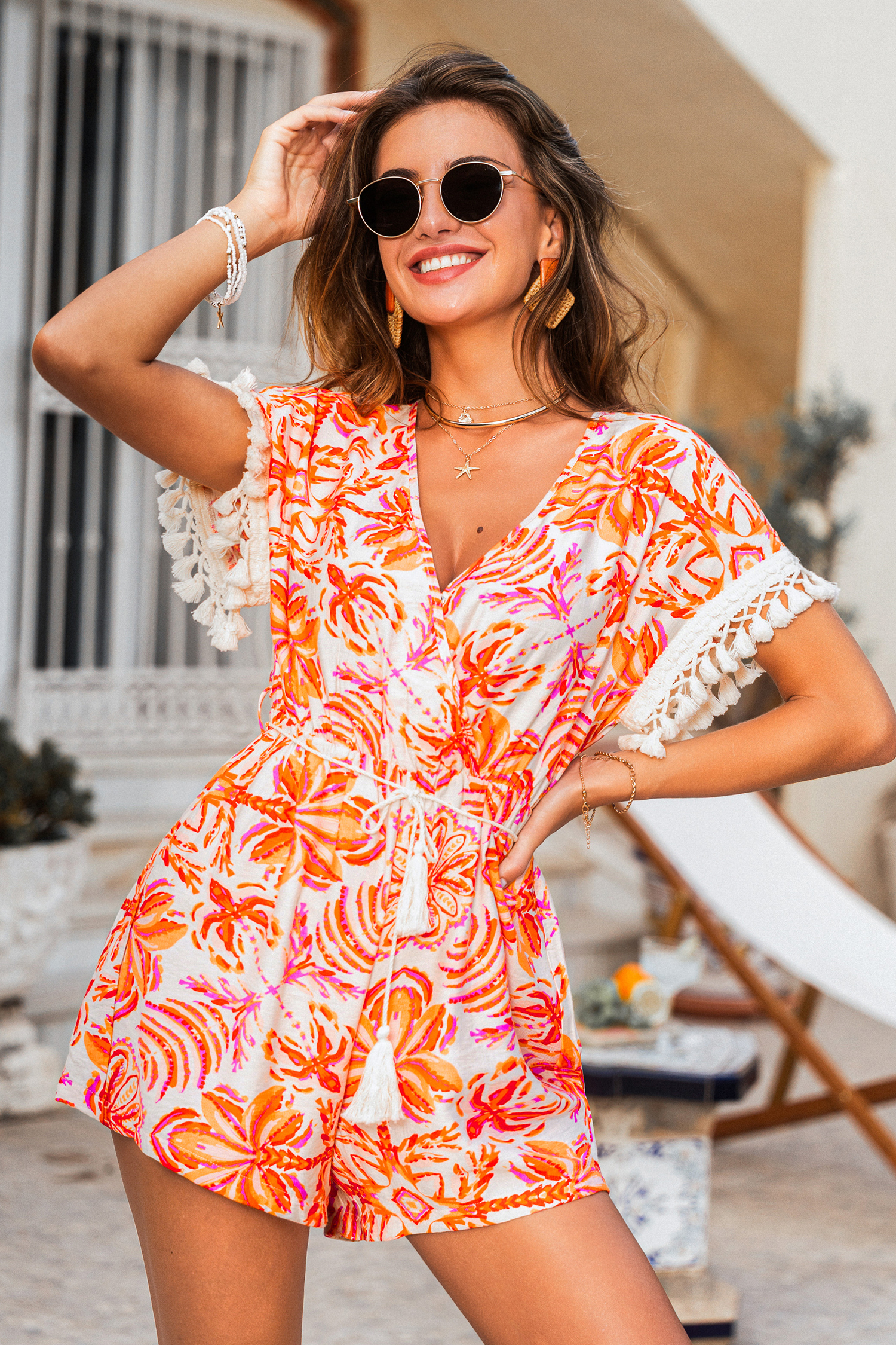 Orange Tropischer Wickel-Strampler mit Taillengürtel