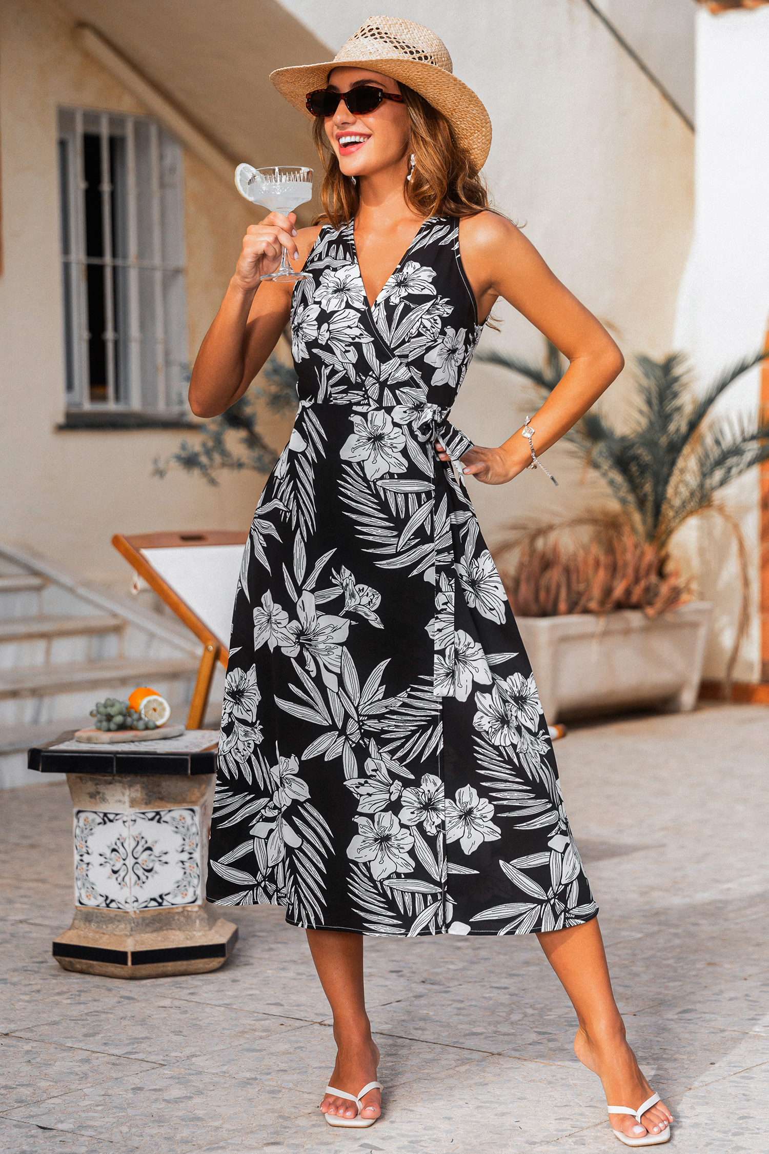 Schwarzes Tropisches Ärmelloses Maxikleid