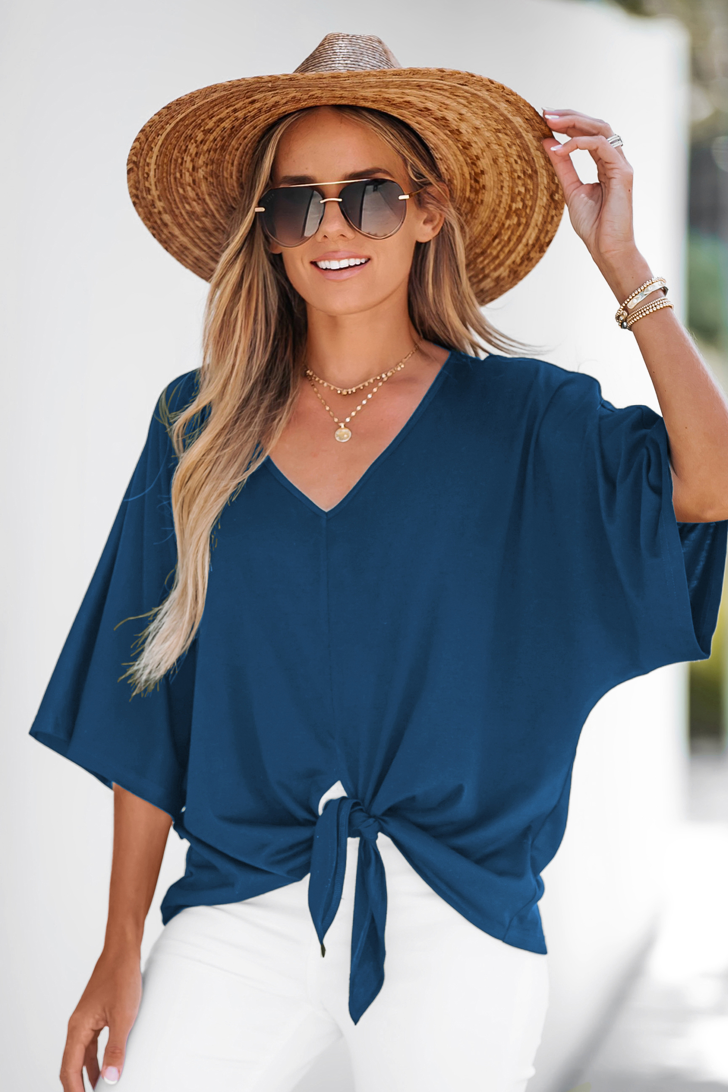 Top bleu manches dolman