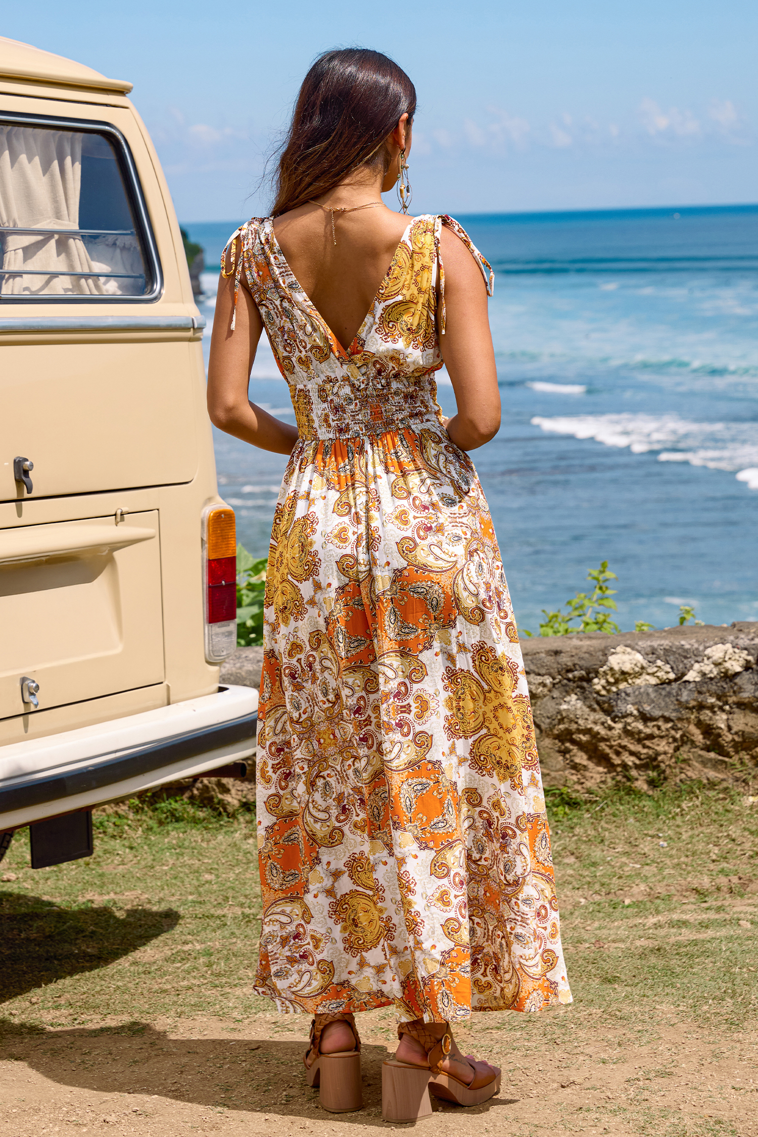 Paisley Ärmelloses Gesmoktes Maxikleid