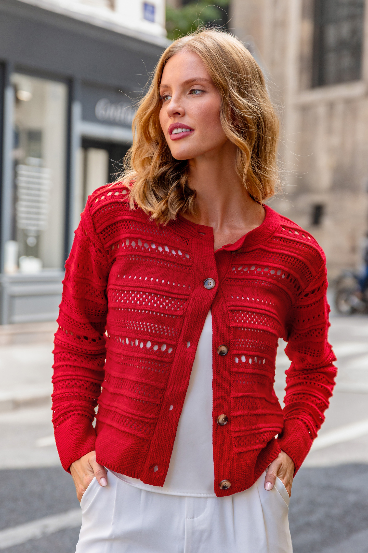 ウ*ー様 【A.PRESSE】Cotton Knit Cardigan RED Virmaxy Cable Knit Cardigan Women's New Mid Length Slouchy