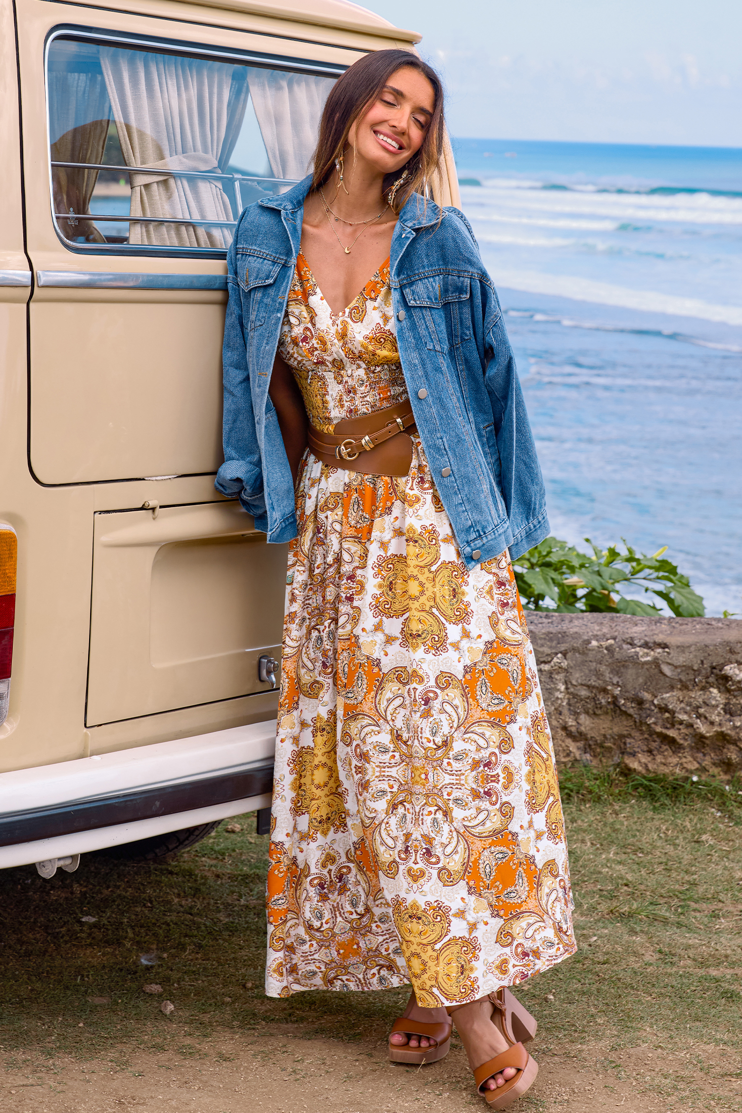 Paisley Ärmelloses Gesmoktes Maxikleid