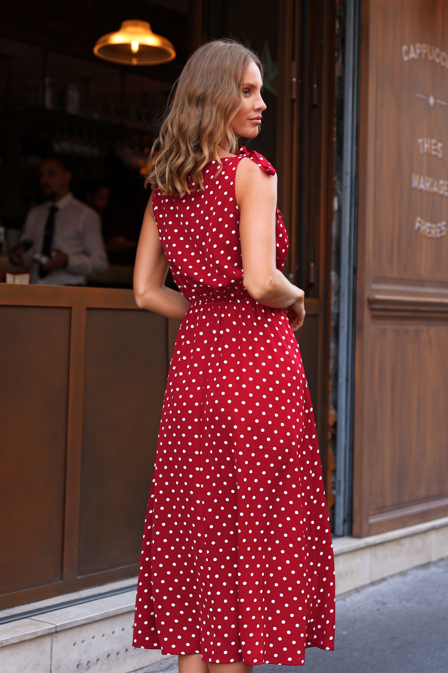 Rot Polka Dot Maxikleid mit Taillengürtel