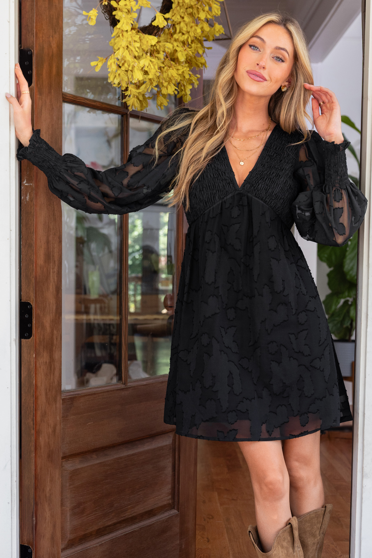Cupshe Black Mesh 3d Appliqué Long Sleeve Mini Dress In Black
