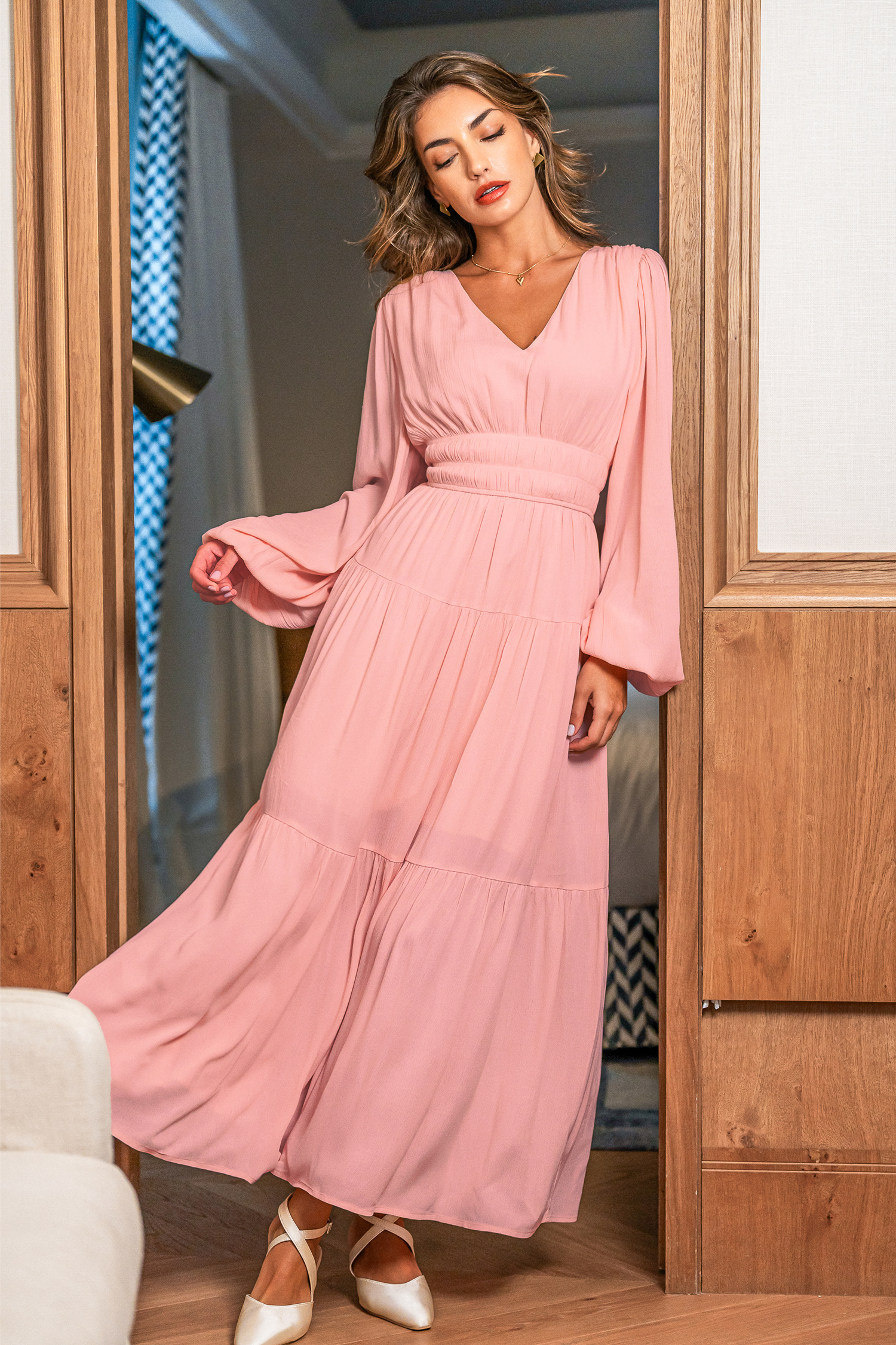 Rosa V-Ausschnitt Lange Ärmel Maxikleid