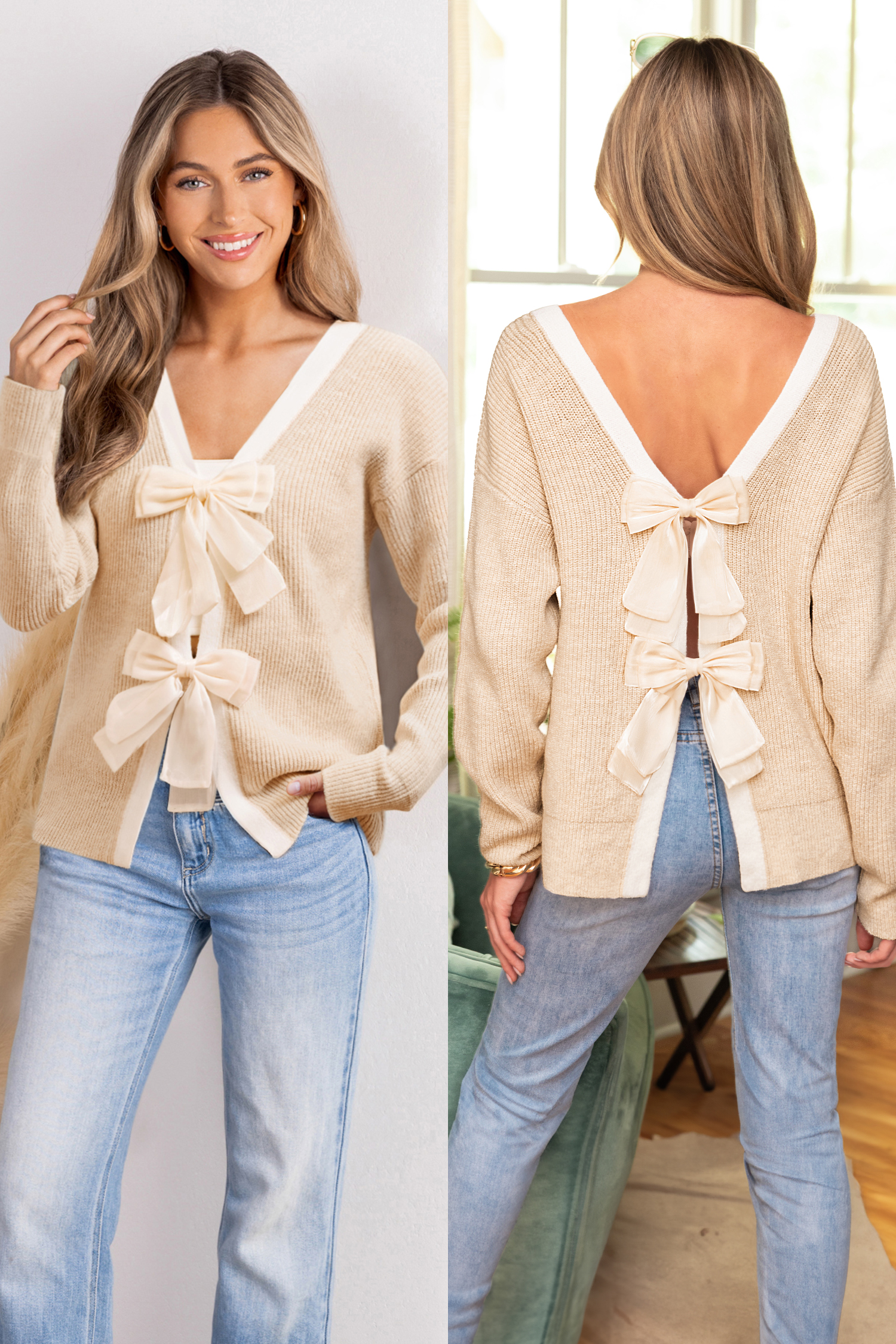 Cupshe Bow Moment Beige Sweater