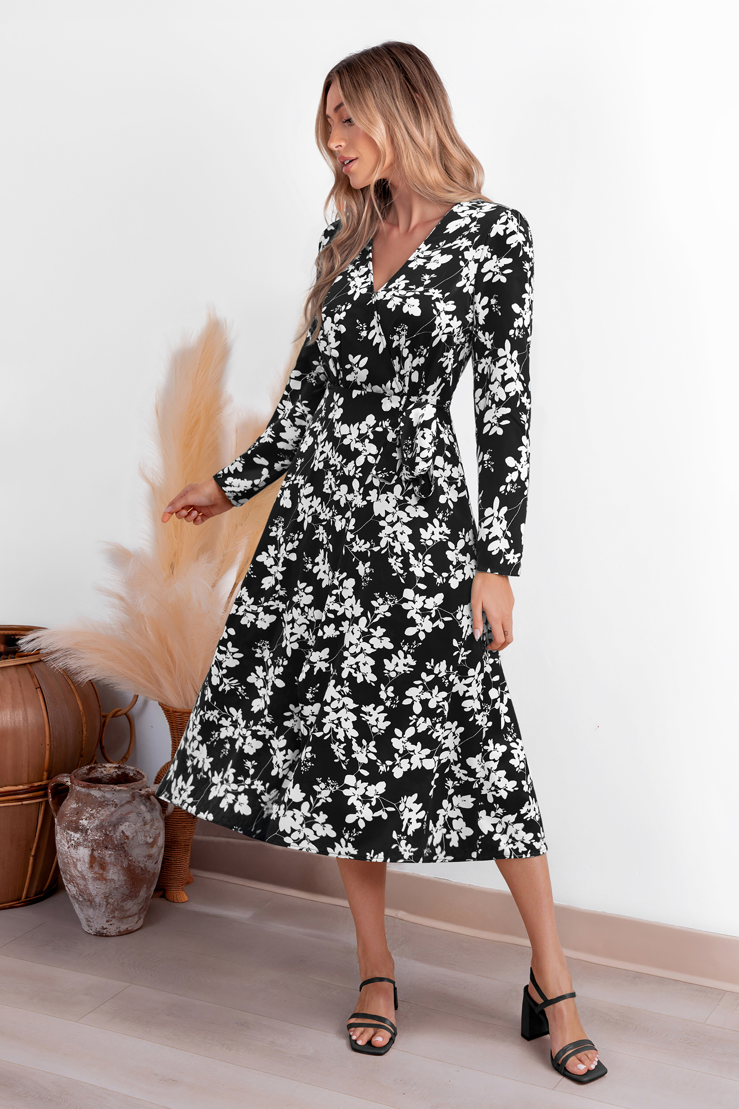 Robe longue florale col surplis manches longues