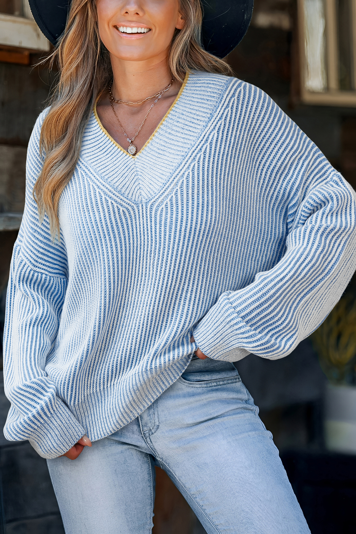 Blauer V-Ausschnitt Lange Ärmel Pullover