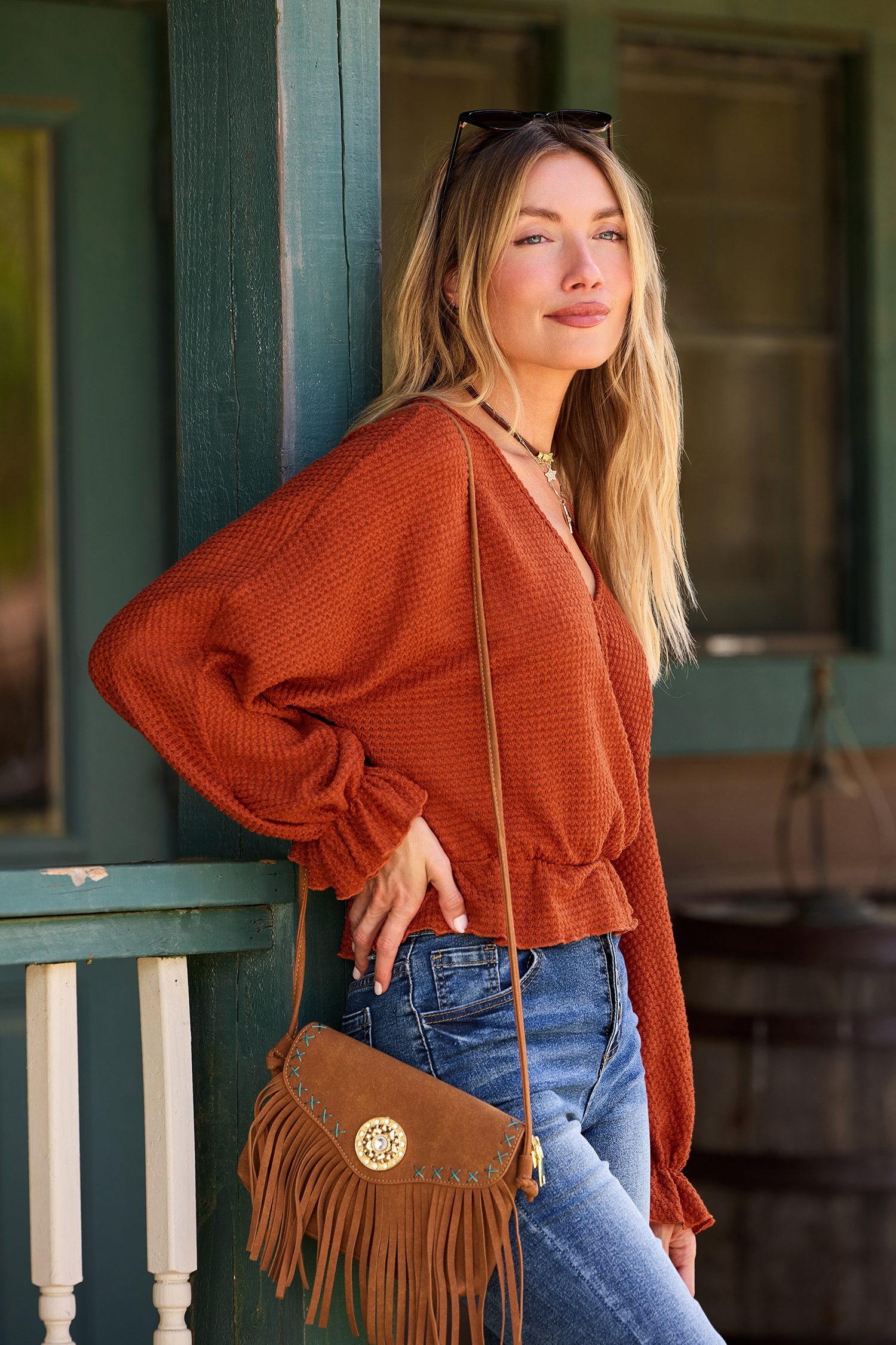 Top orange col surplis manches bouffantes