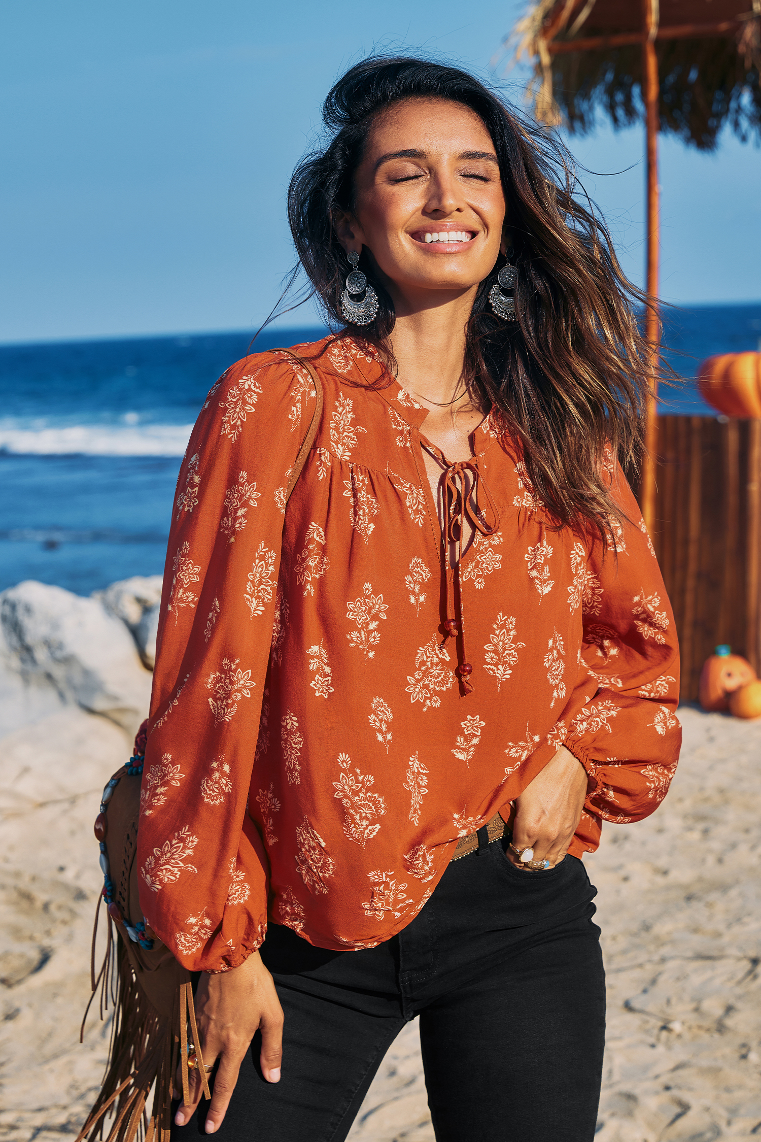 Boho Verziertes Lange Ärmel Top