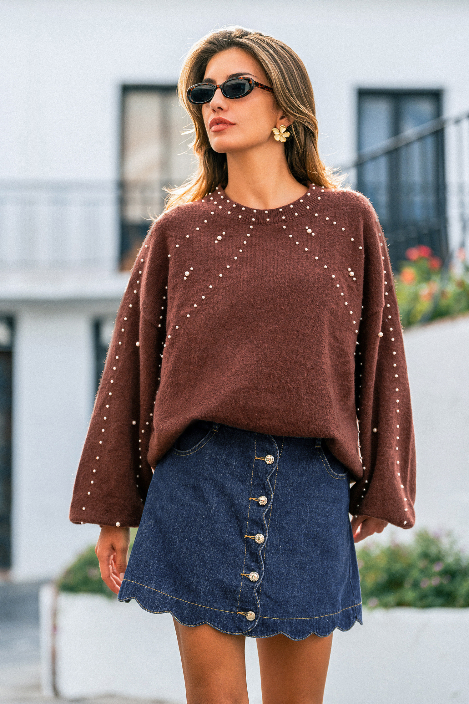 Cupshe Lustrous Edge Brown Sweater