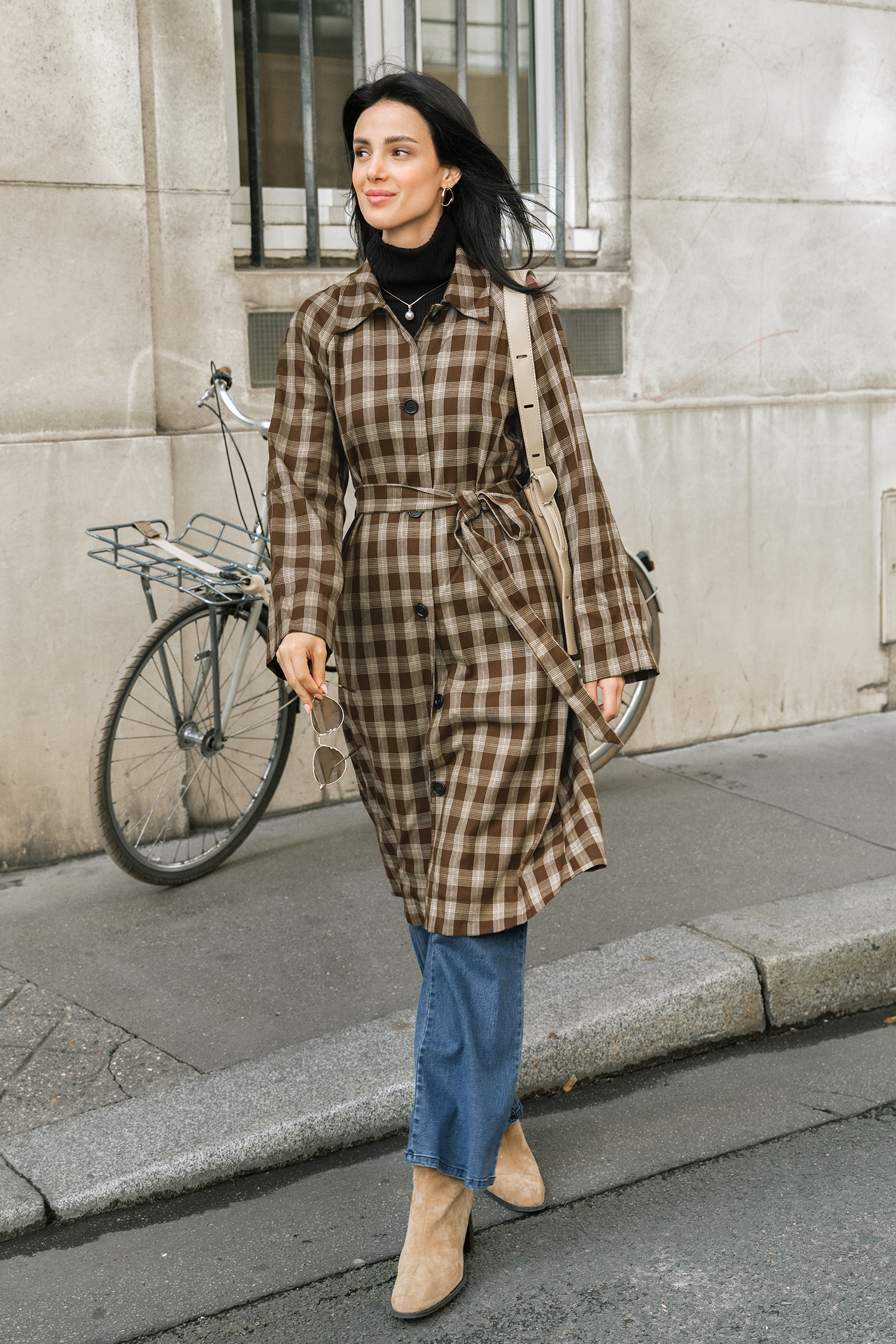 City Charm Plaid Trench Coat