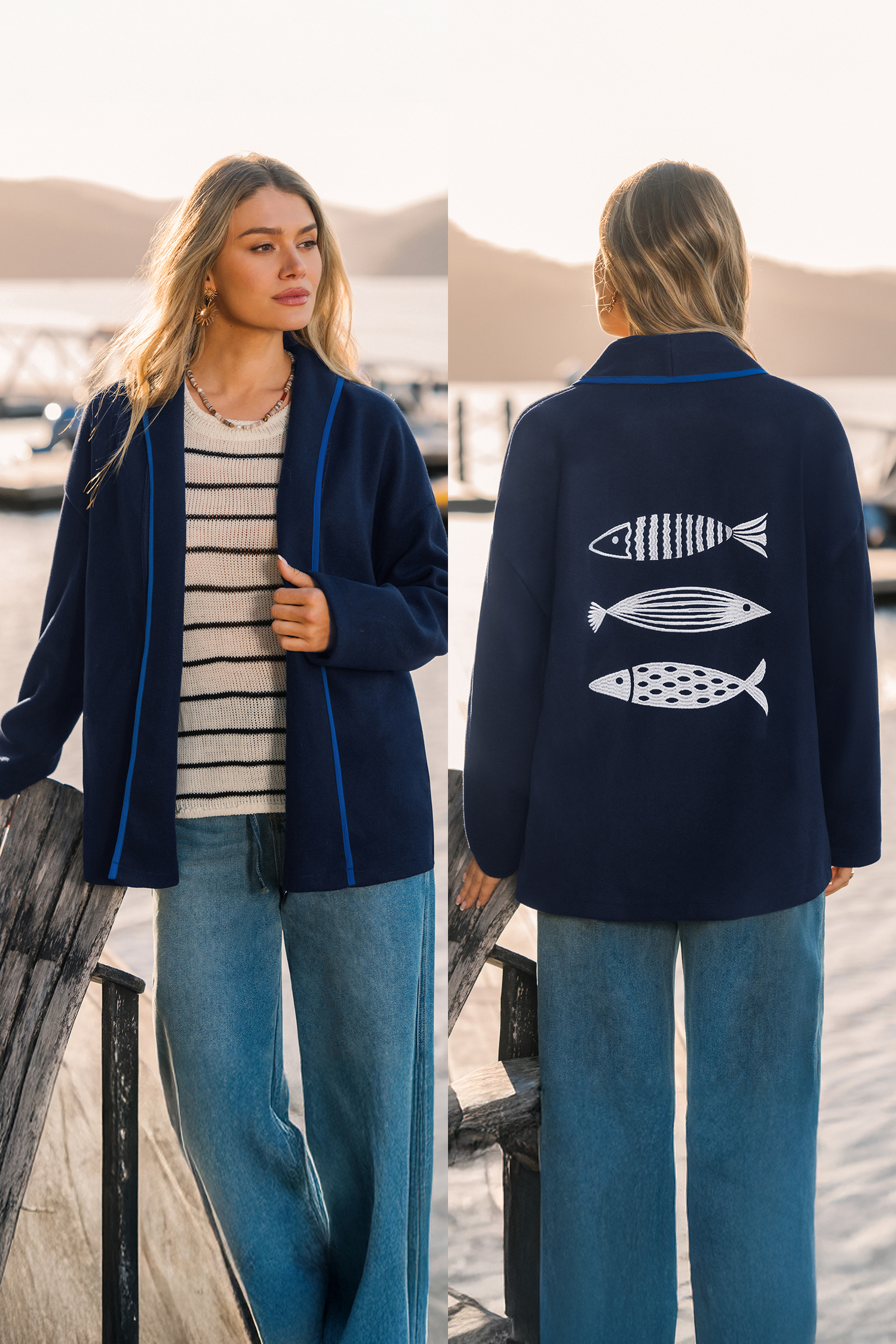 Blauer Mantel mit Kragenausschnitt