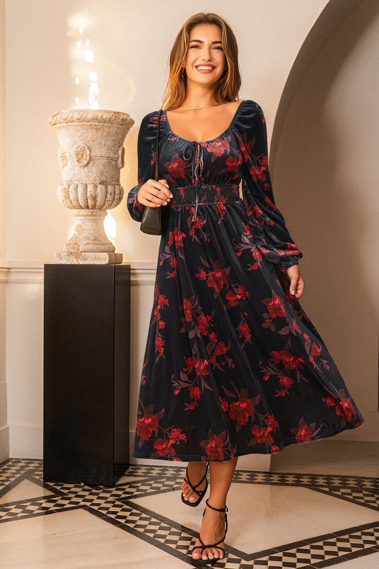 Quadratischer Ausschnitt Lange Ärmel Maxikleid mit Blumenmuster