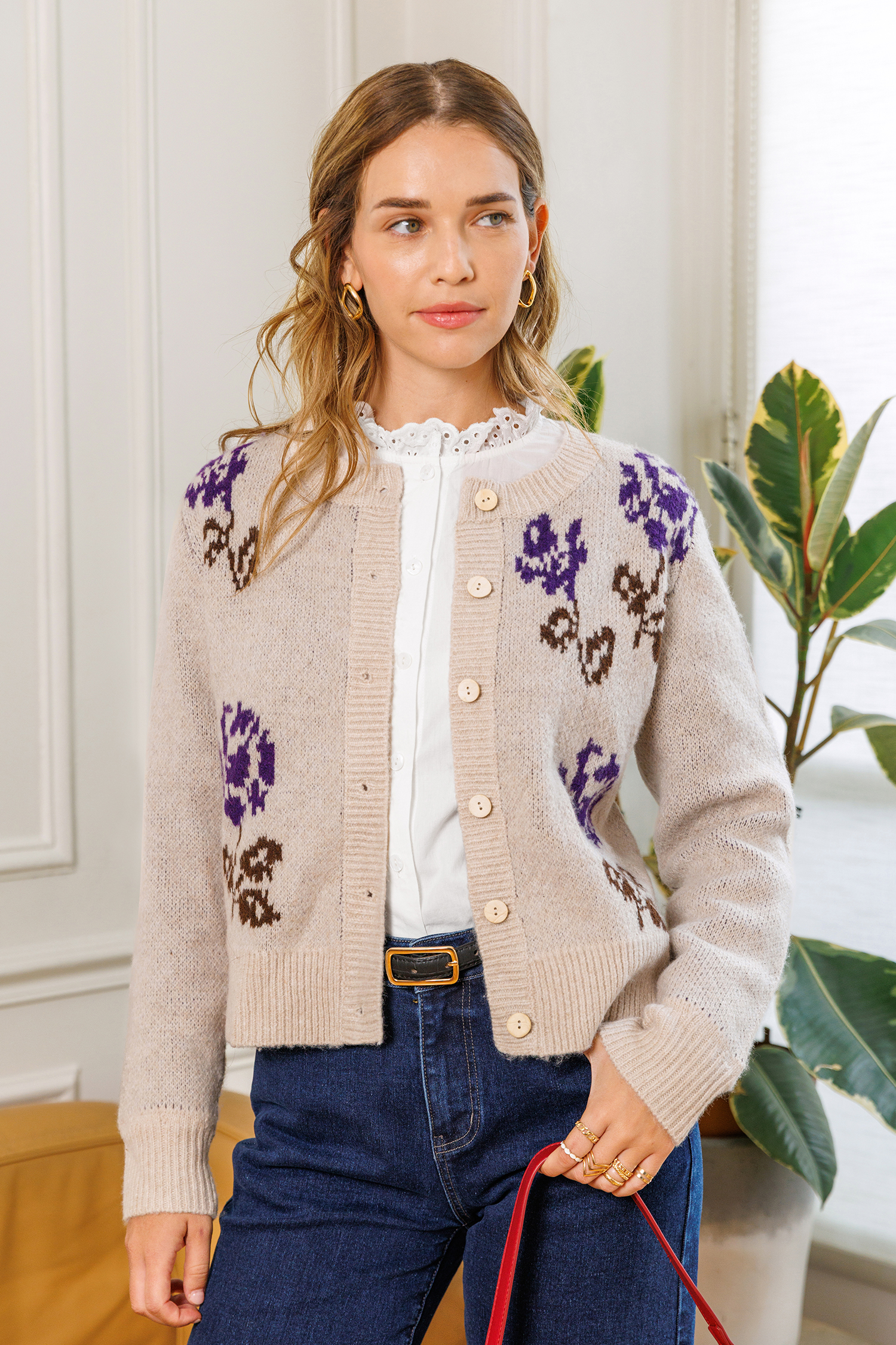 Cardigan floral col rond