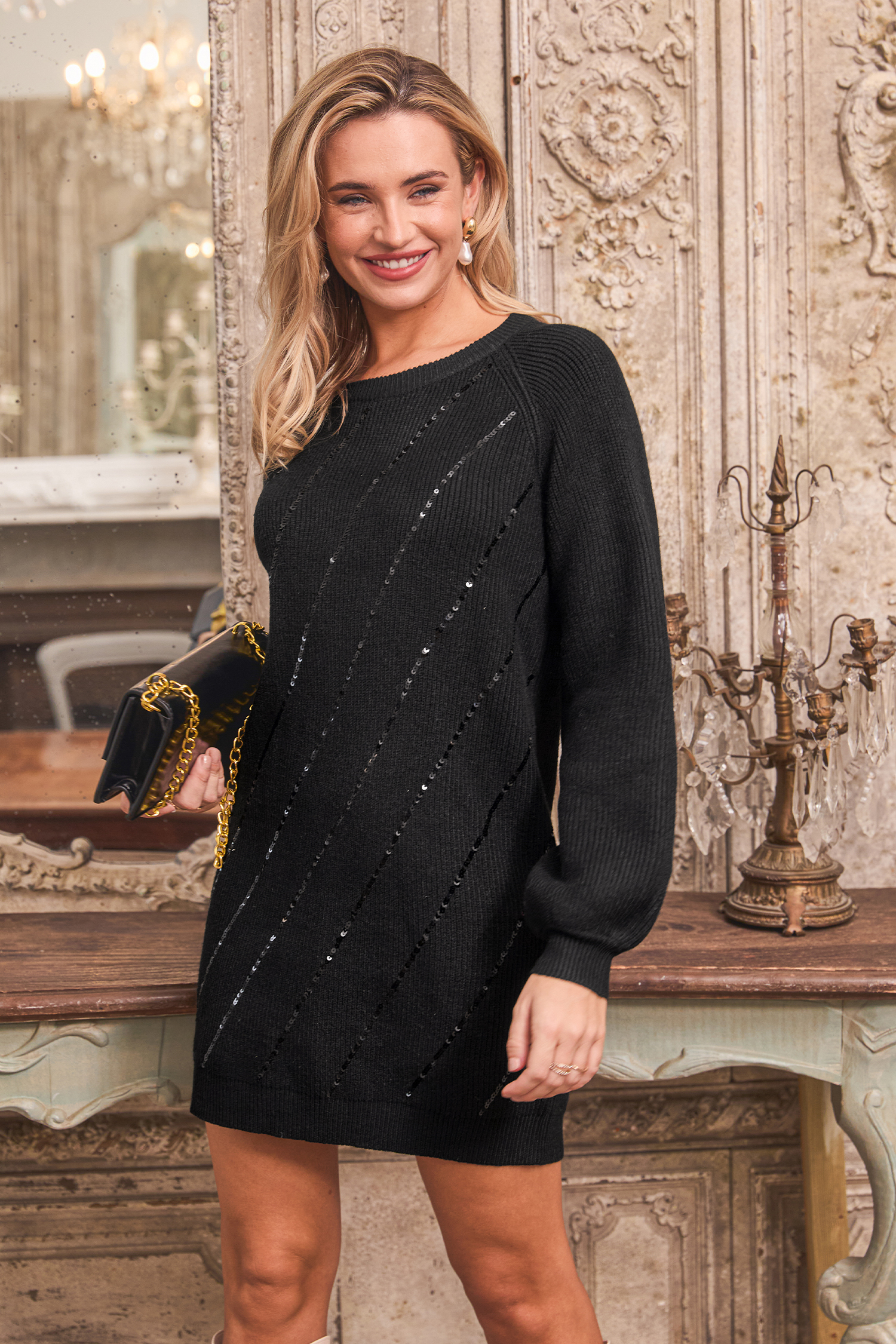 Cupshe Midnight Sparkle Black Sweater Dress In Black