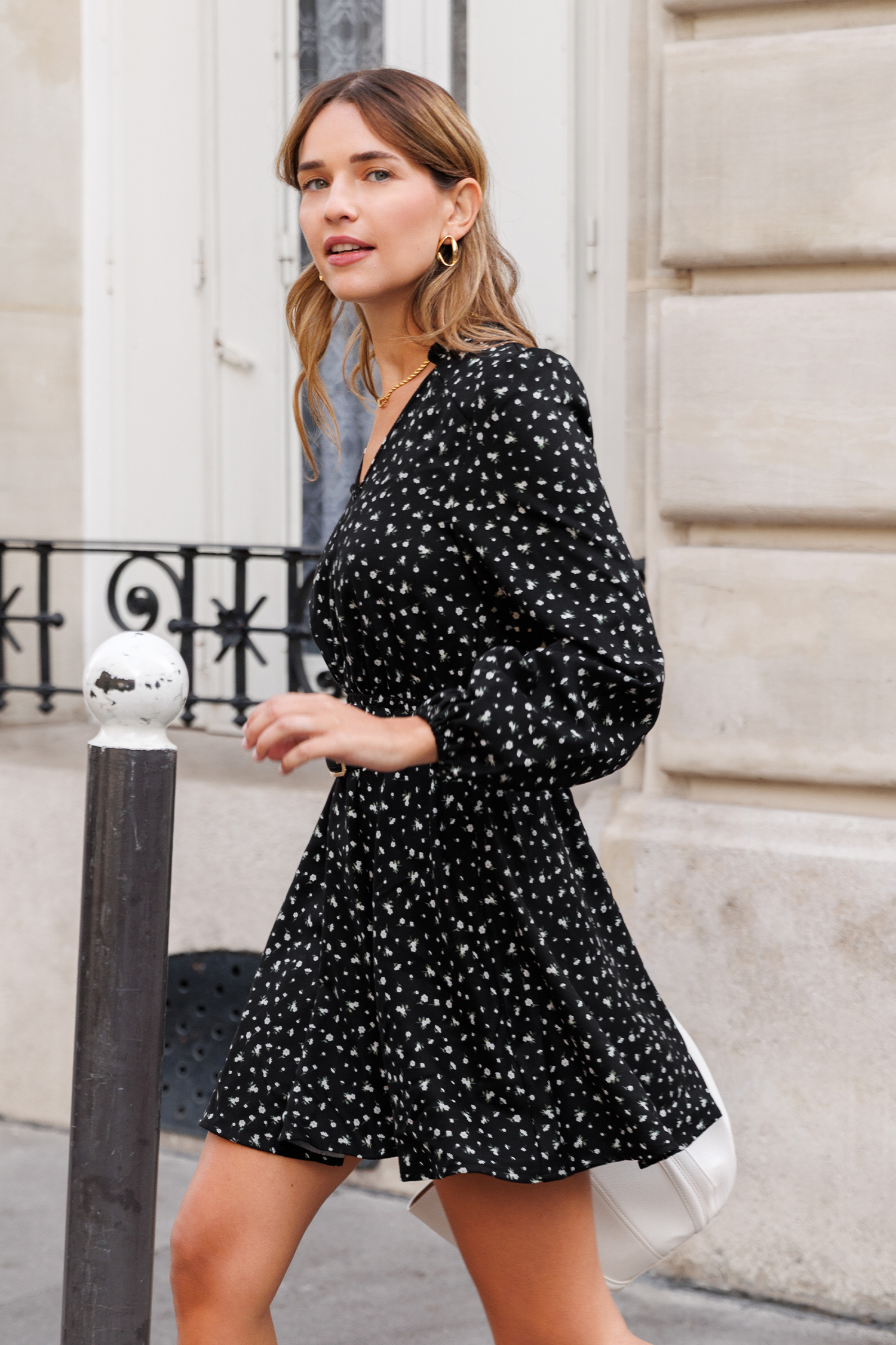 Schwarzes Geblümtes V-Ausschnitt Langarm Minikleid