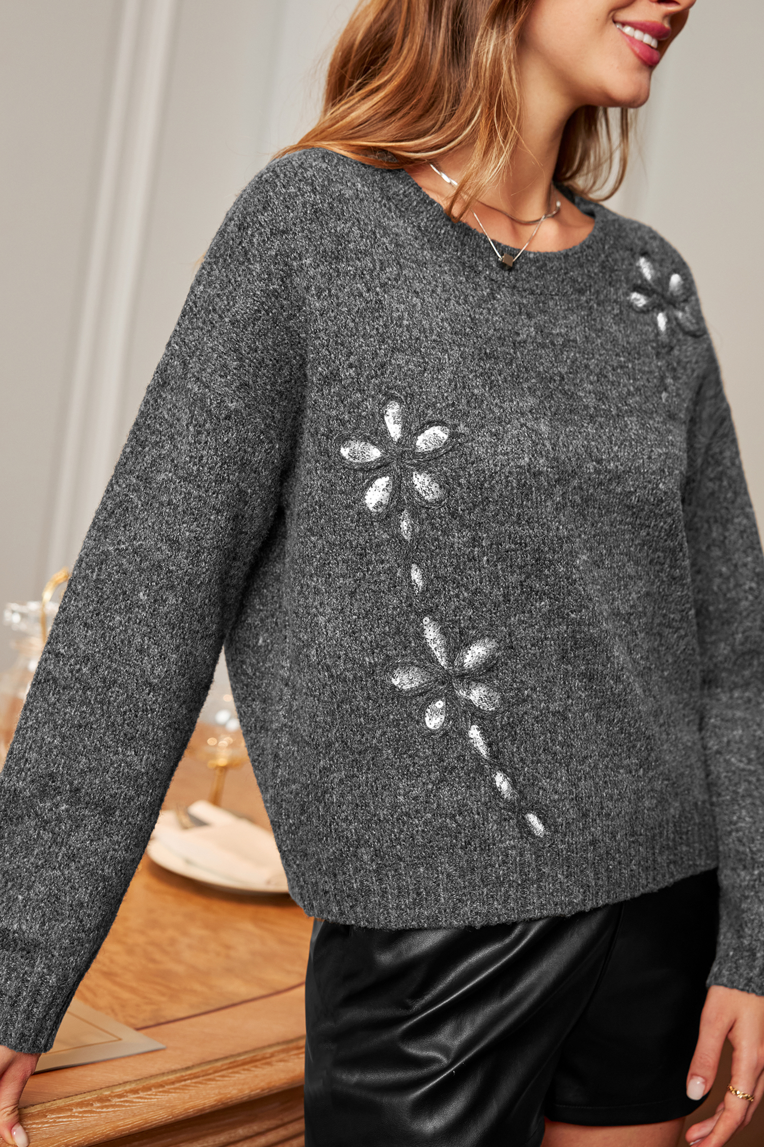 Cupshe Fab Florals Grey Sweater In Gray