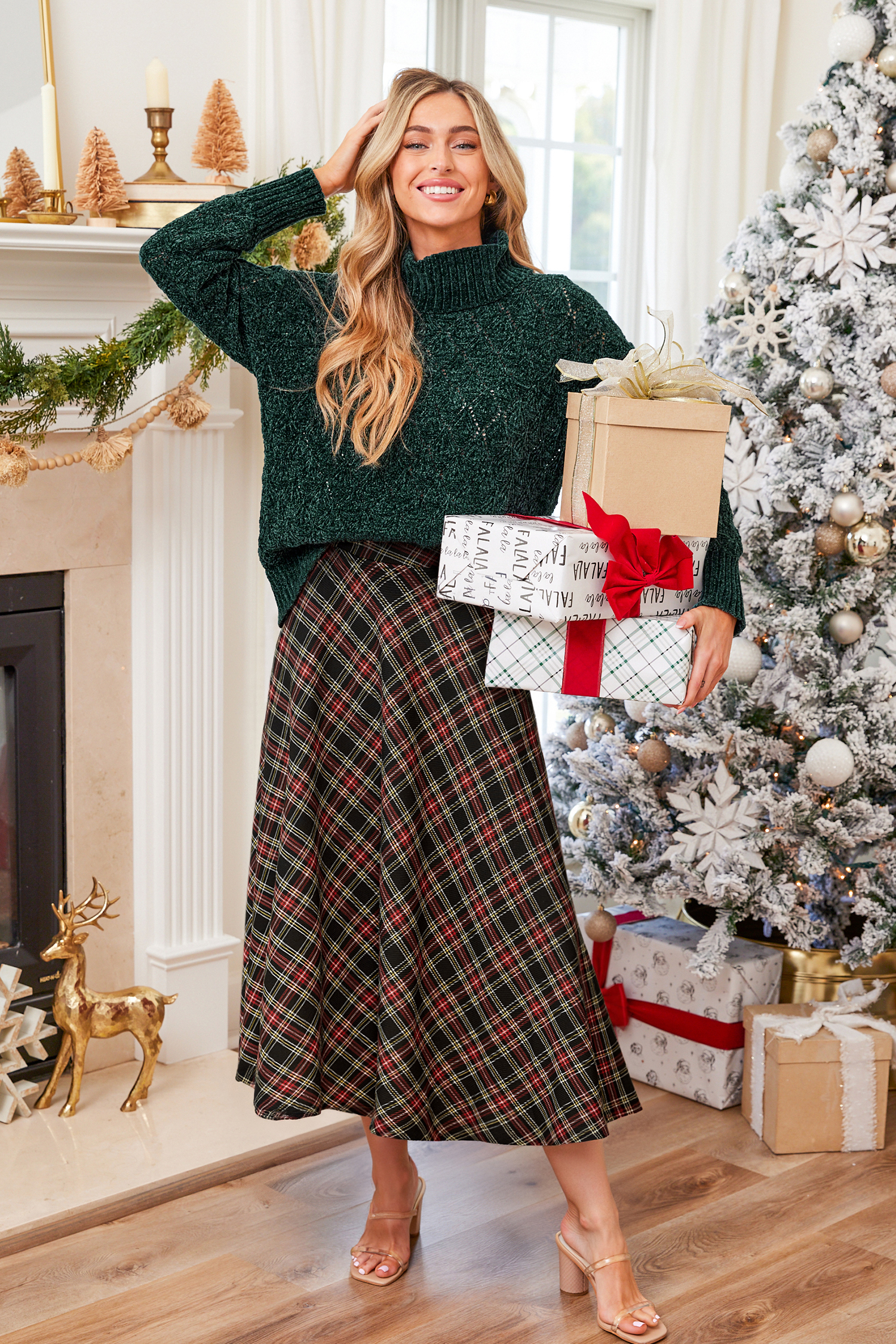 Retro Cheer Plaid Midi Skirt