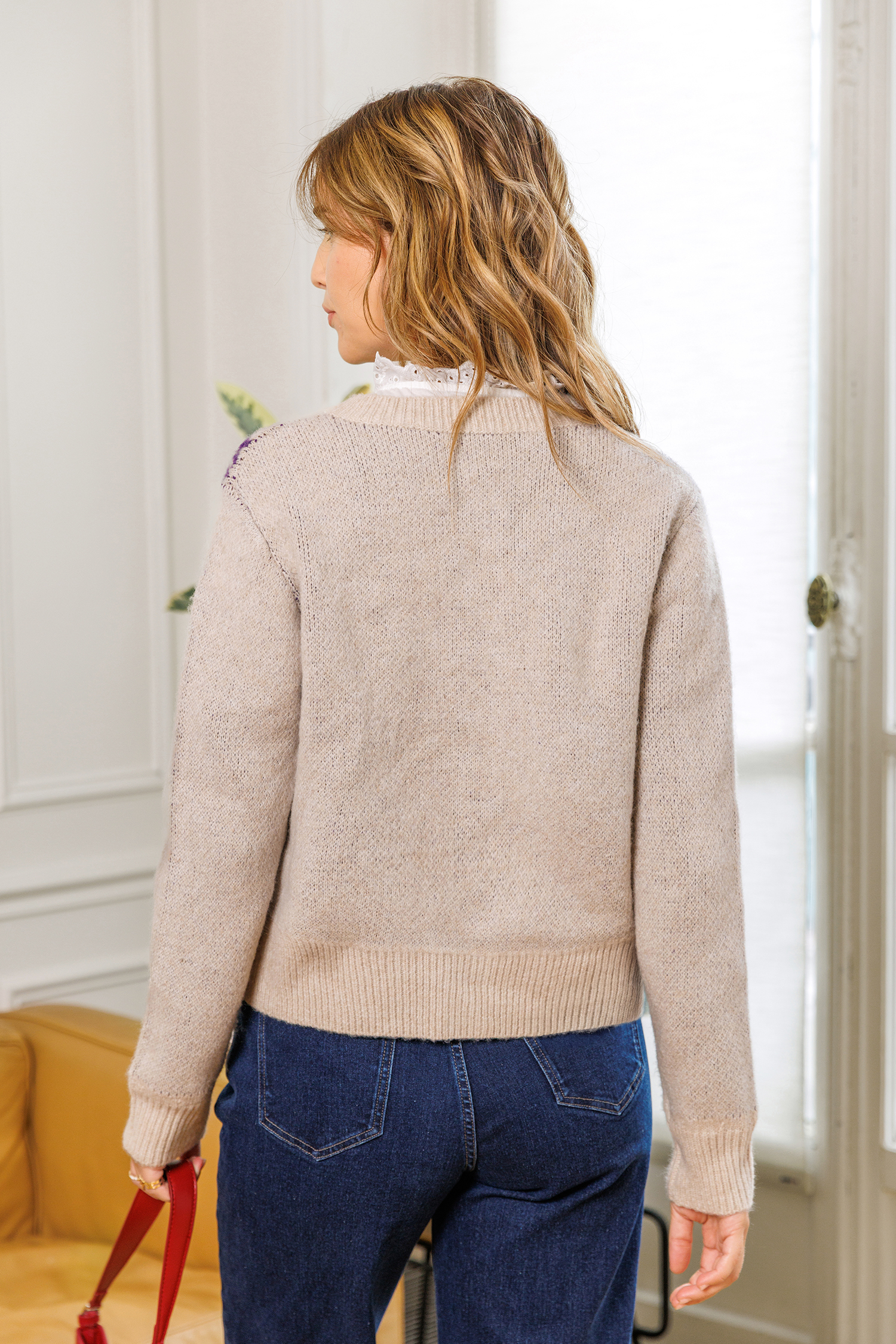 Beige Geblümte Strickjacke