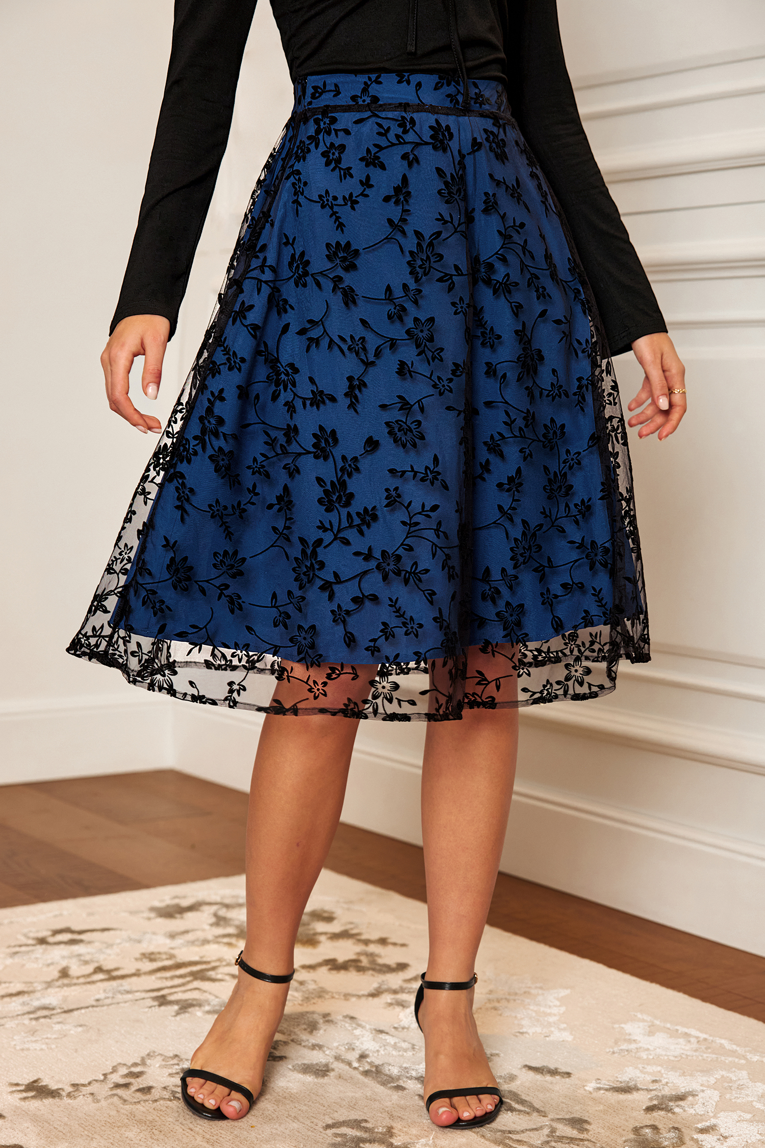 Saphire Blooms Floral Midi Skirt