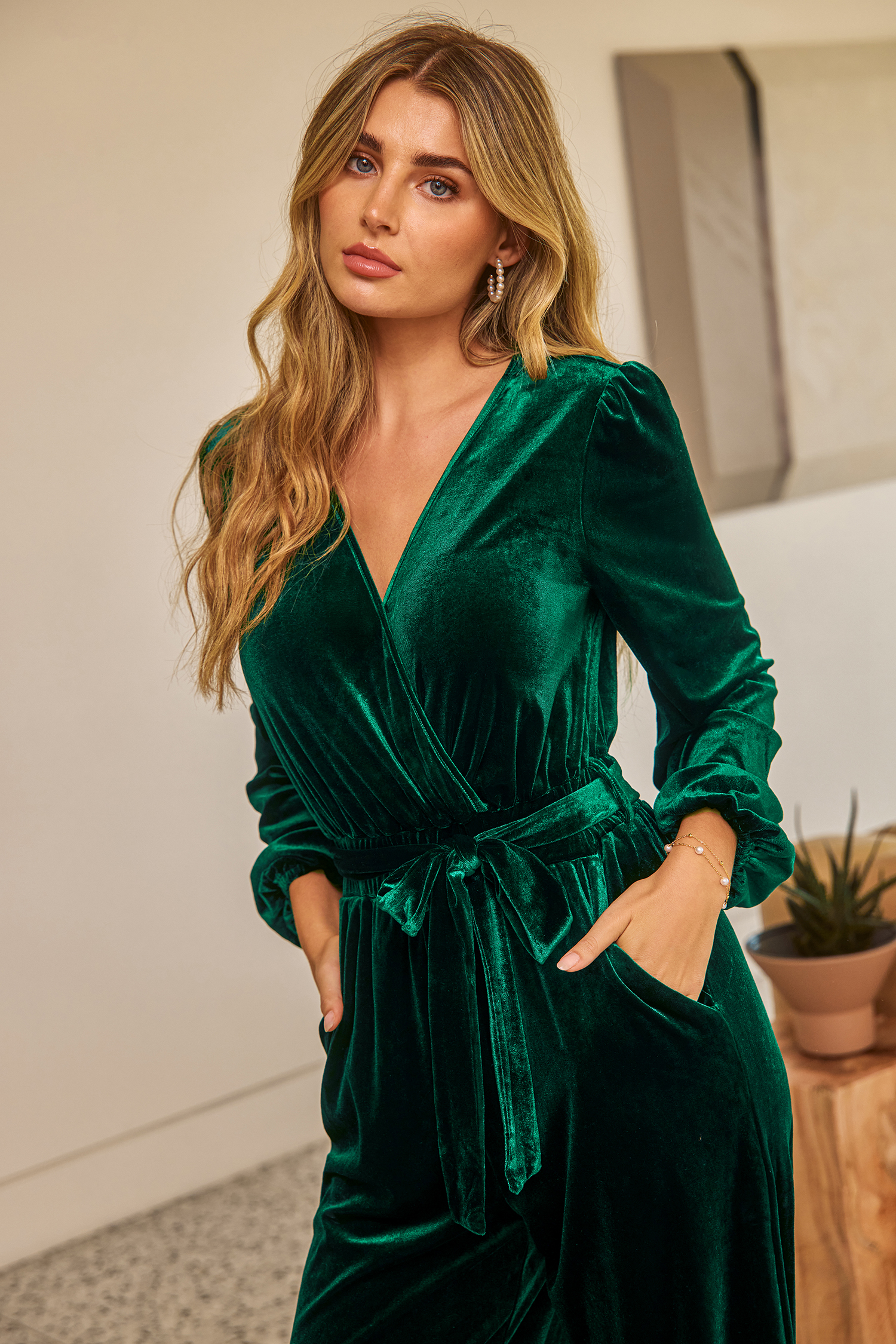 Green Velvet Long Sleeve Straight Leg Jumpsuit