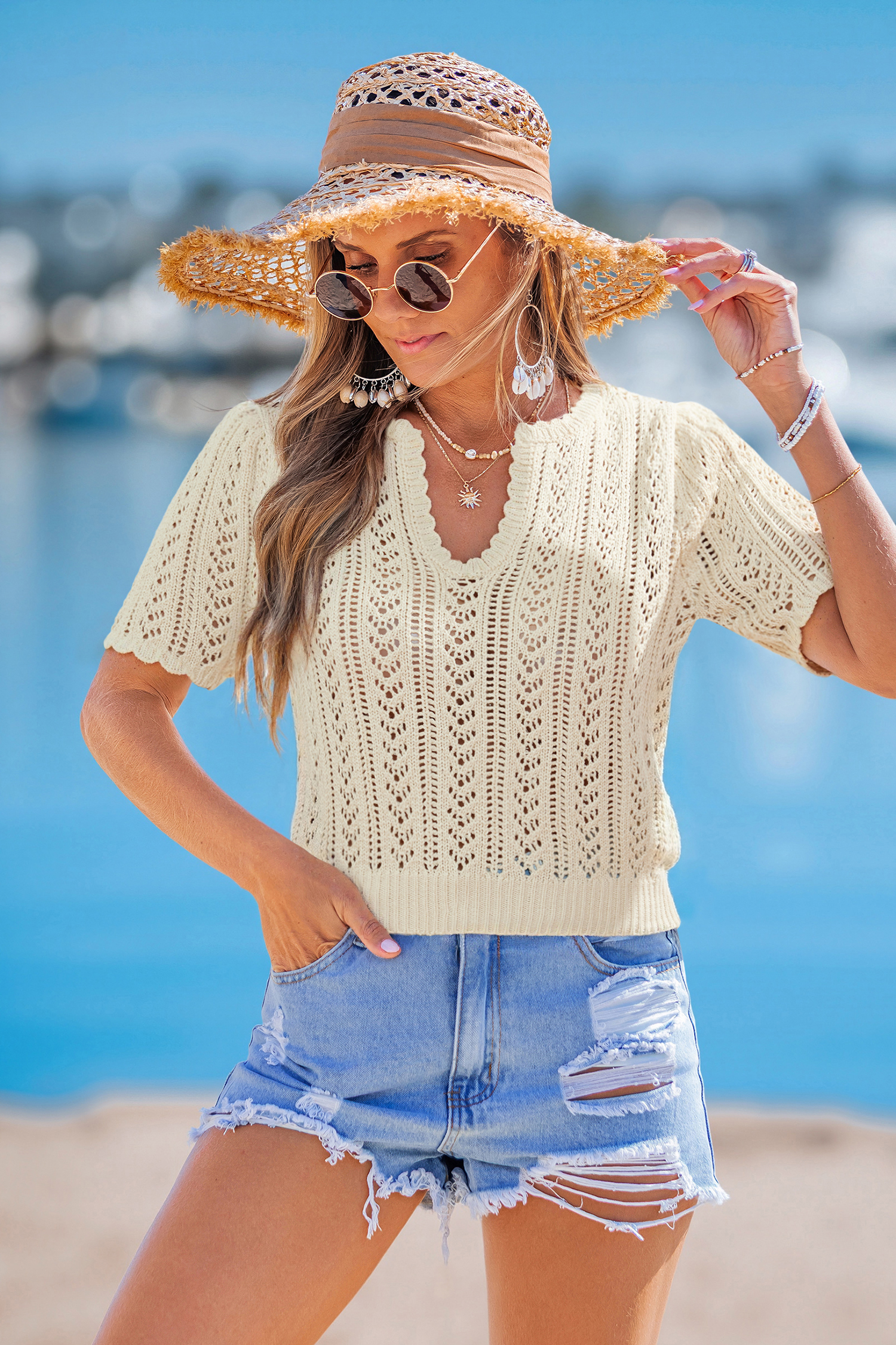 Beiges Kurzarm Strick-Cropped-Strandtop