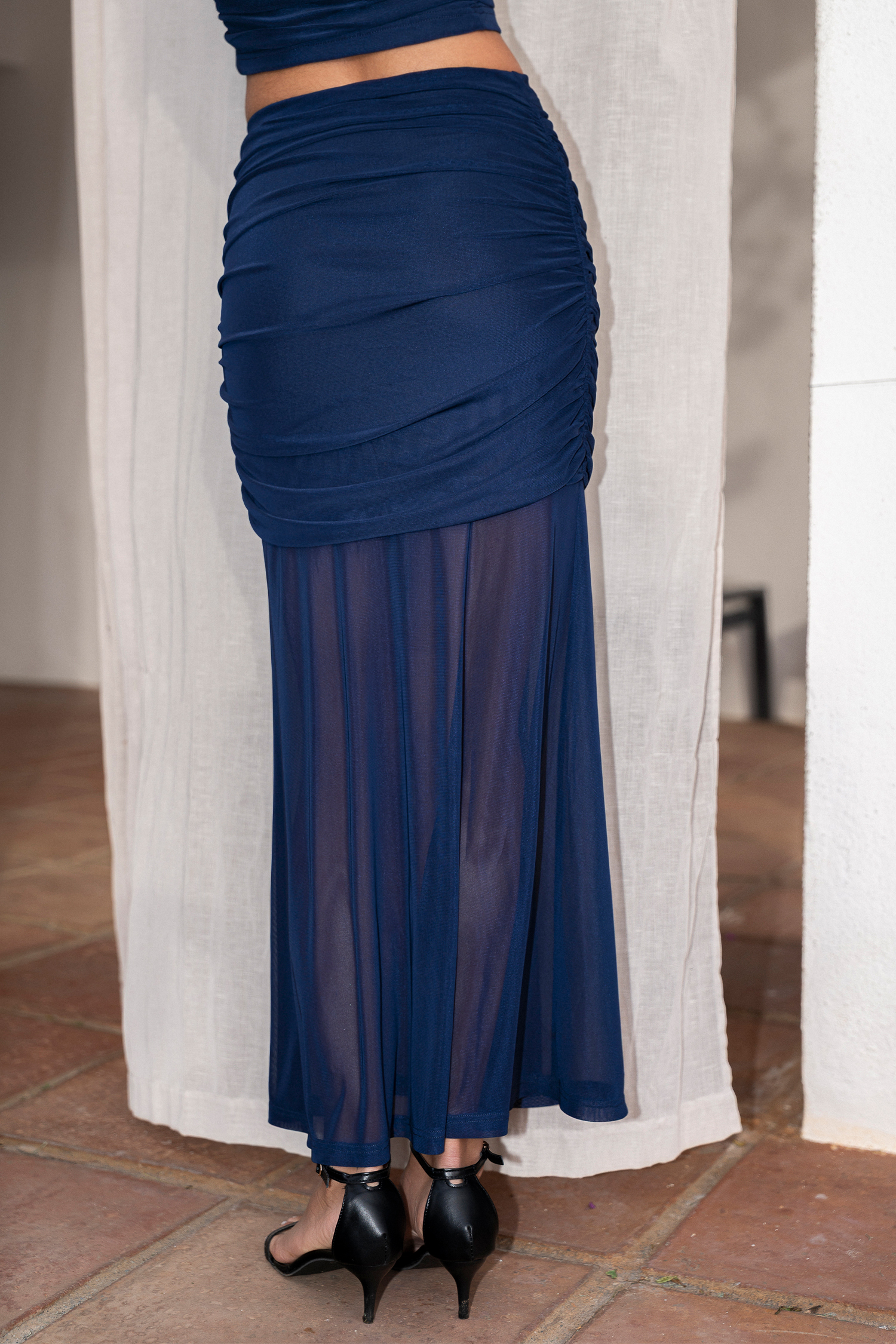 Blauer Geraffter Mesh-Maxirock