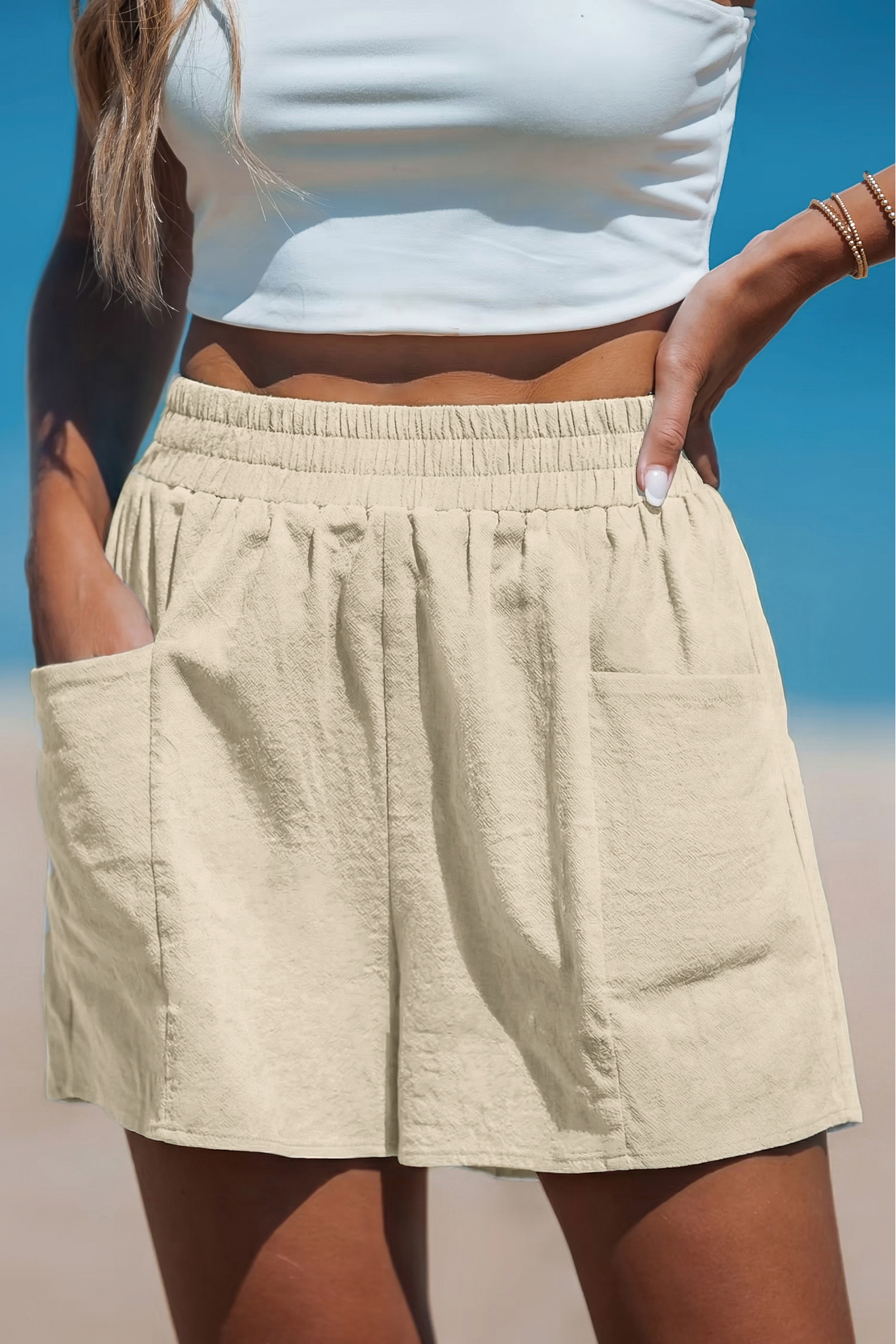 Cremefarbene Elastischer Bund Shorts aus Baumwolle
