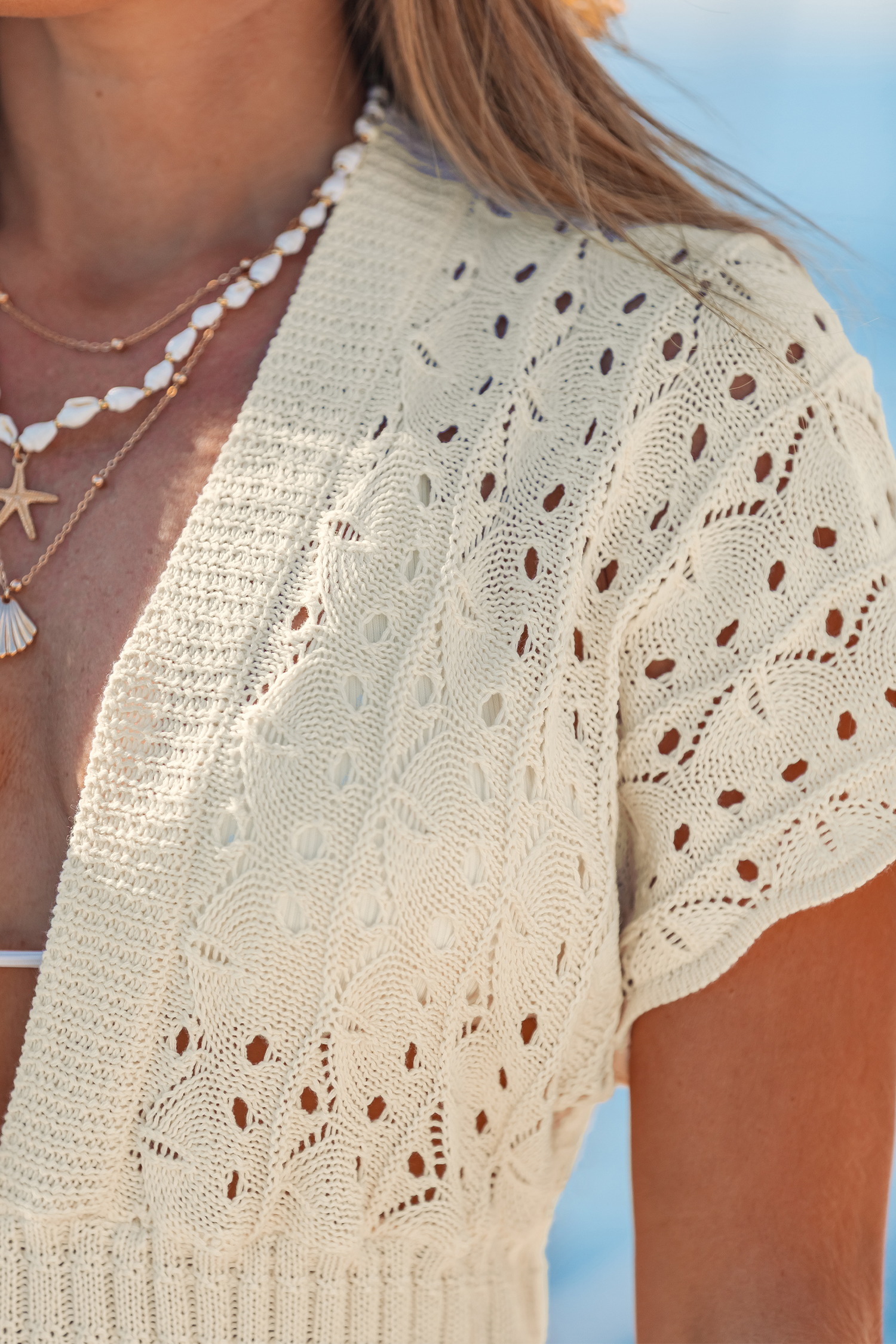 Beiges Tiefer Ausschnitt Kurzarm Mini-Strick-Strandkleid