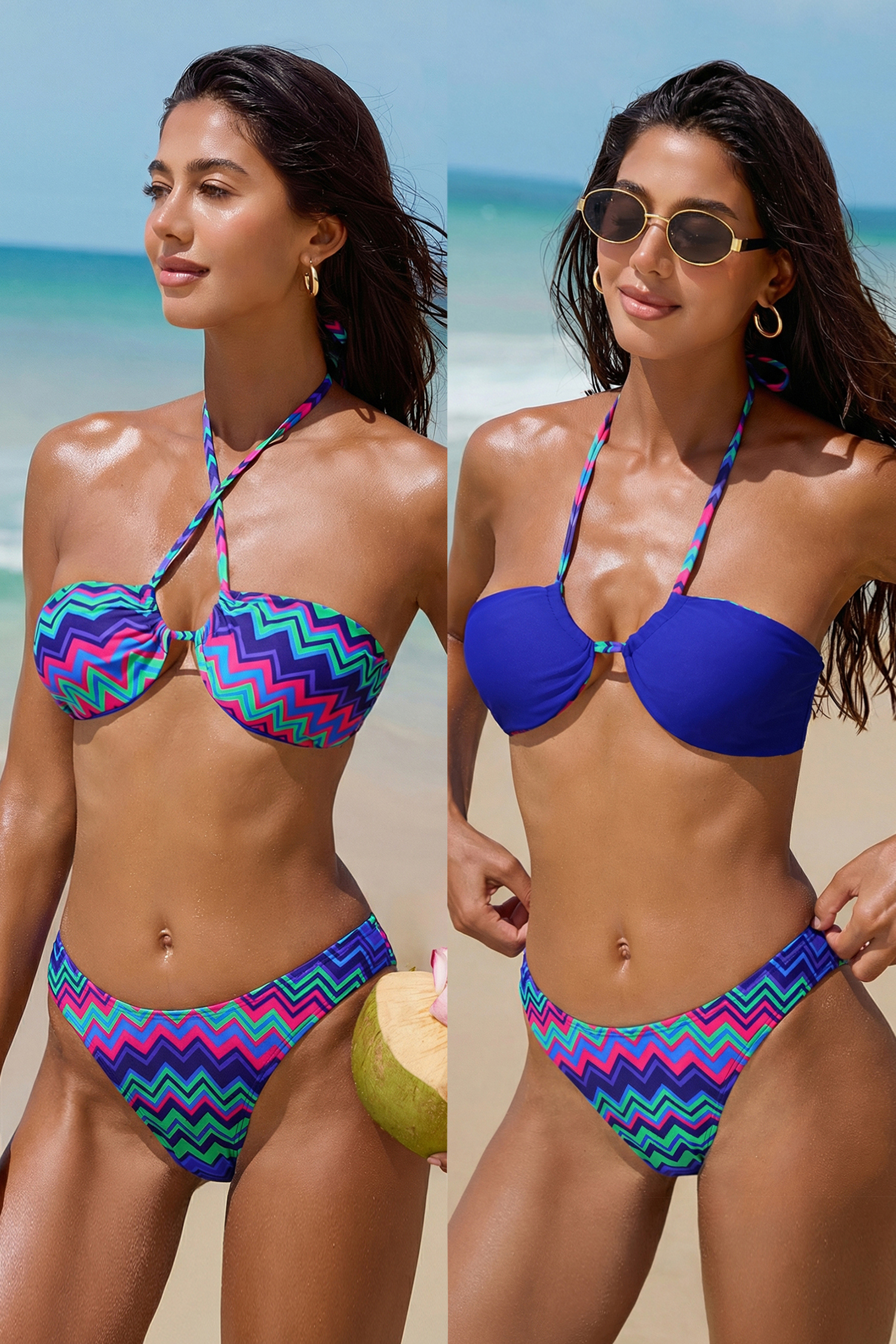 Bikini à chevron bleu bretelles licou