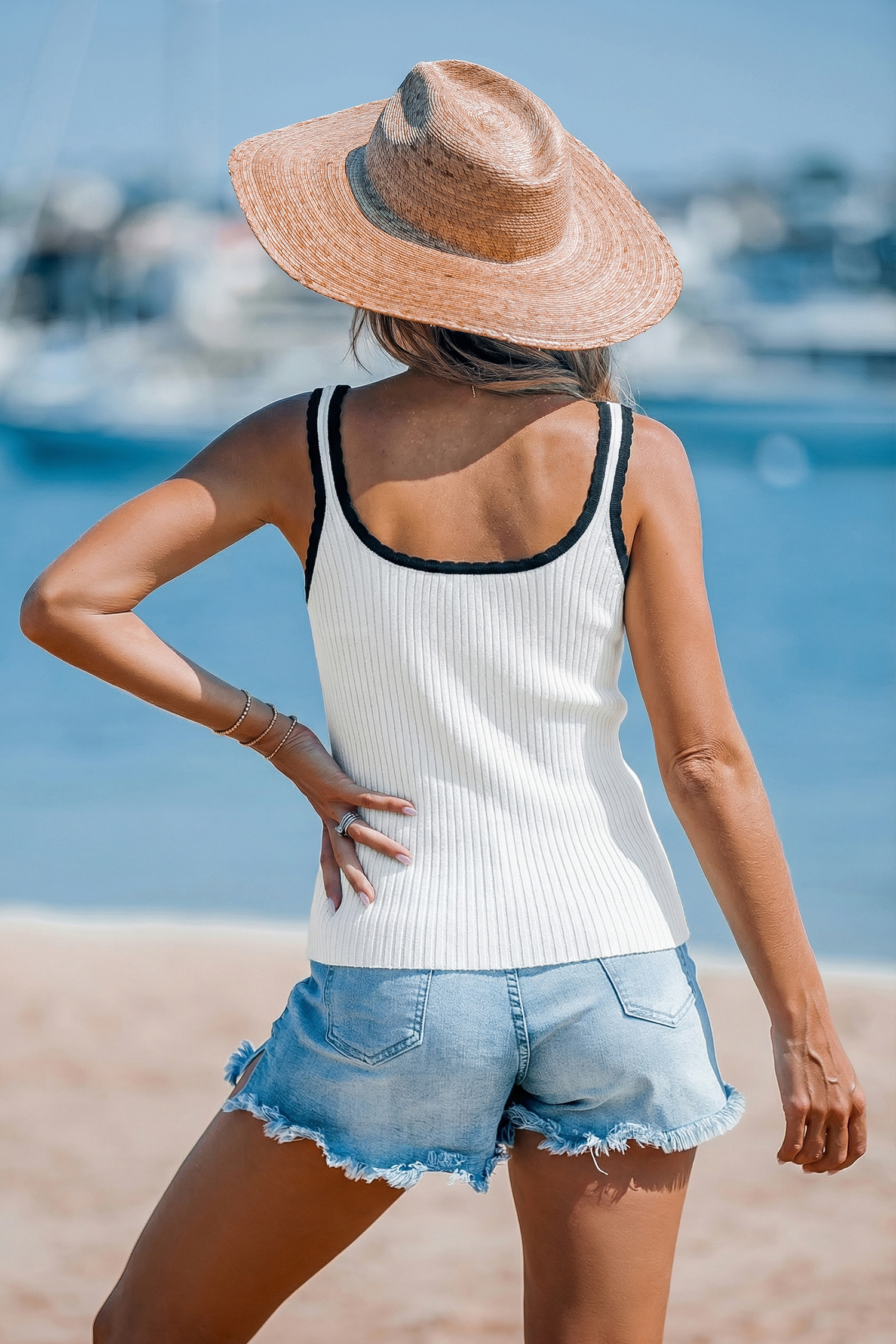 Ribbed Charm Contrast White Cami