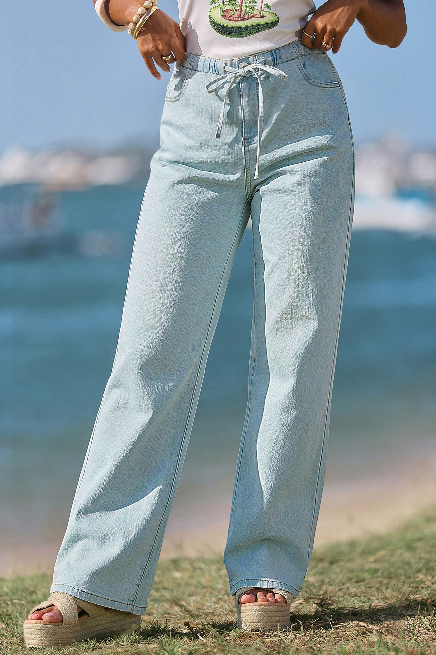 Blaue Wide-Leg Jeanshose mit Kordelzug