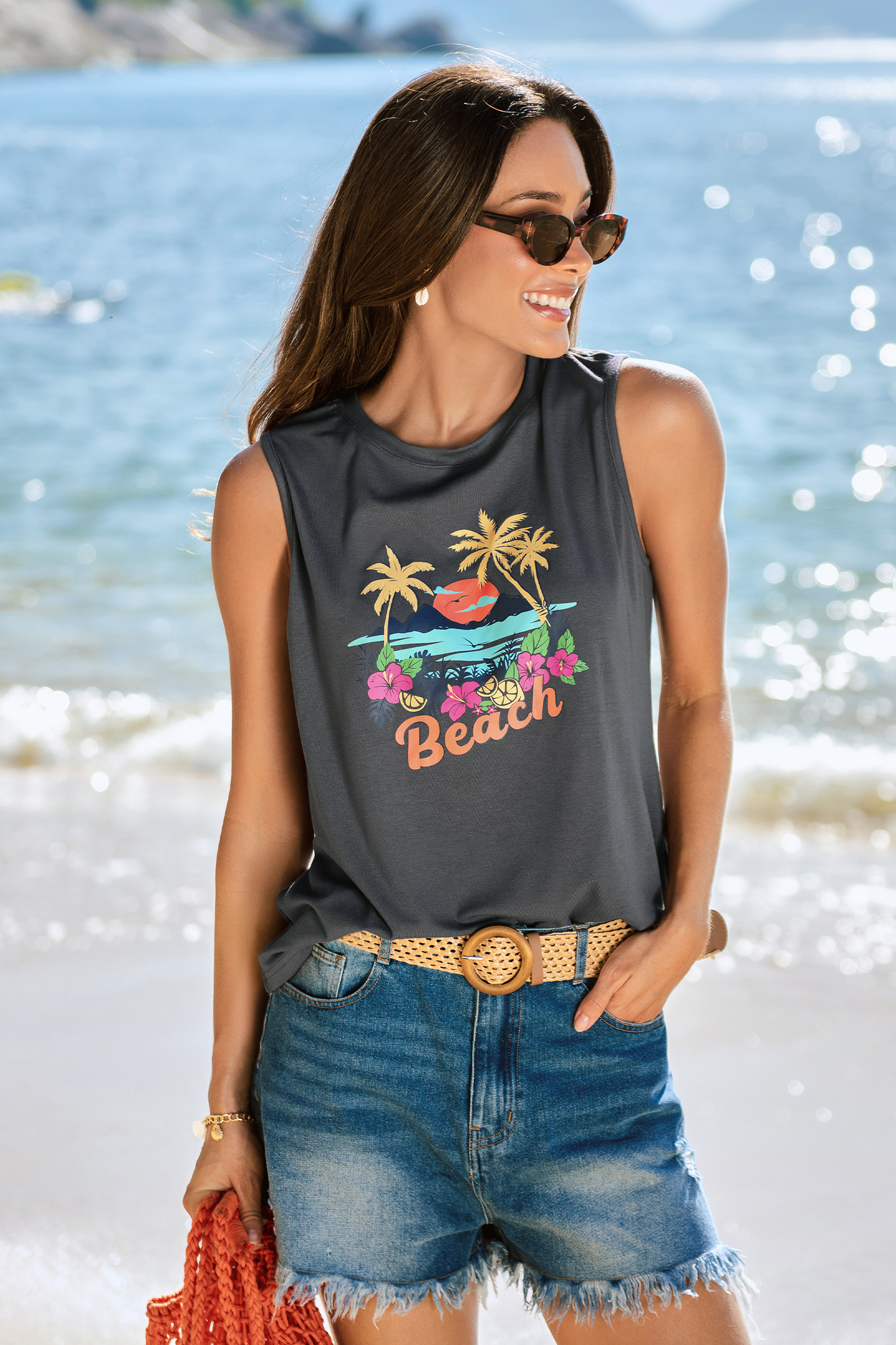 Débardeur gris graphique col rond