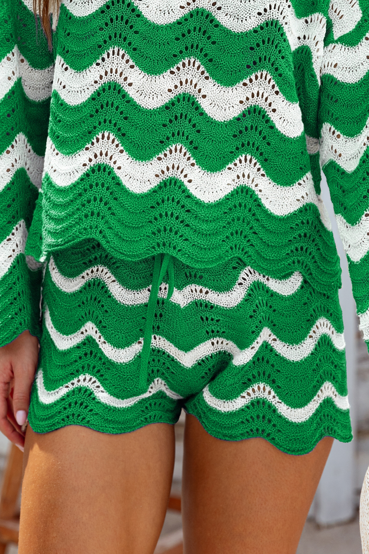Grün Gestreifte Strick-Strandshorts mit Kordelzug