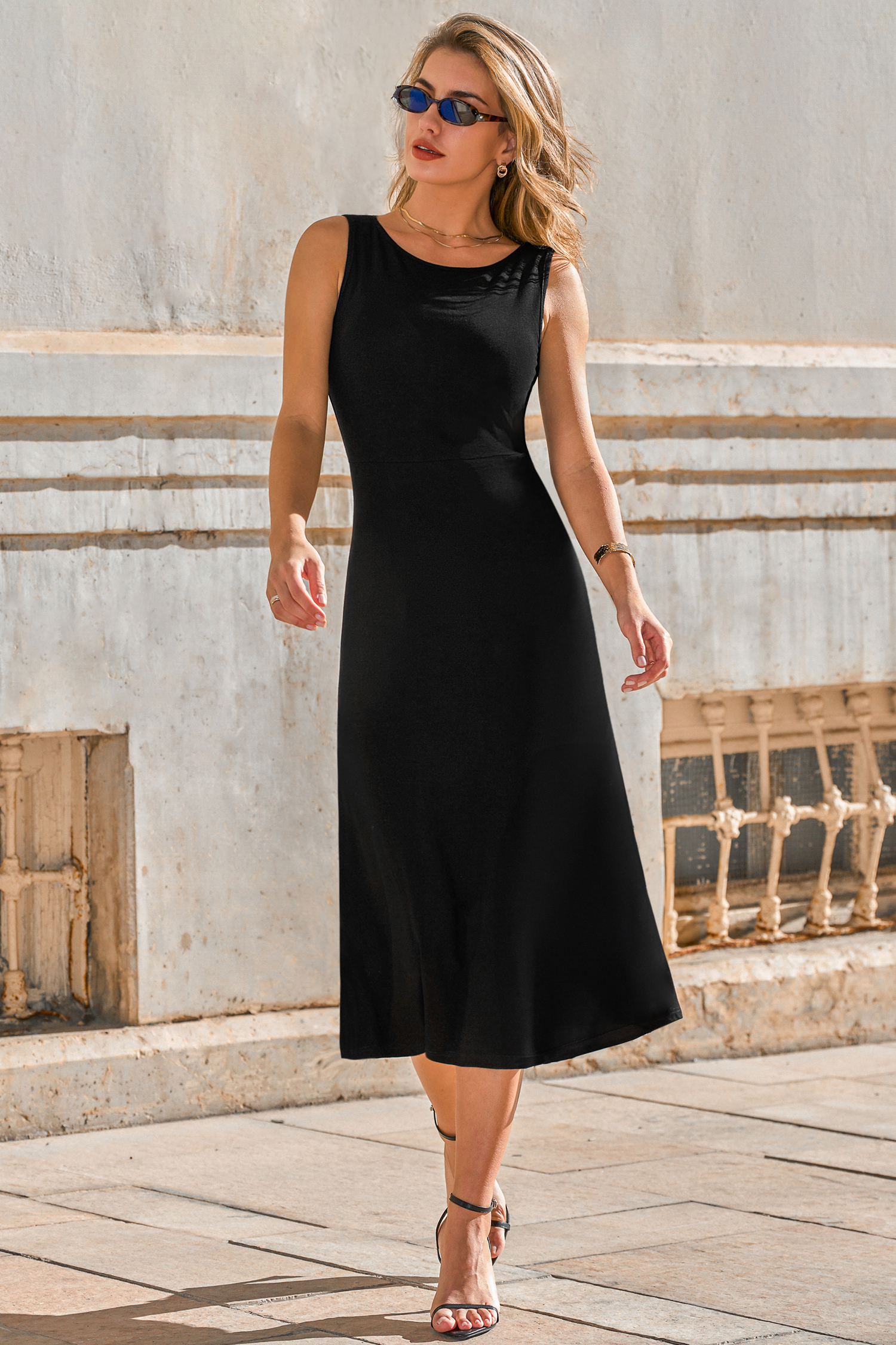 Schwarzes Ärmelloses Midikleid mit Spitzenbesatz