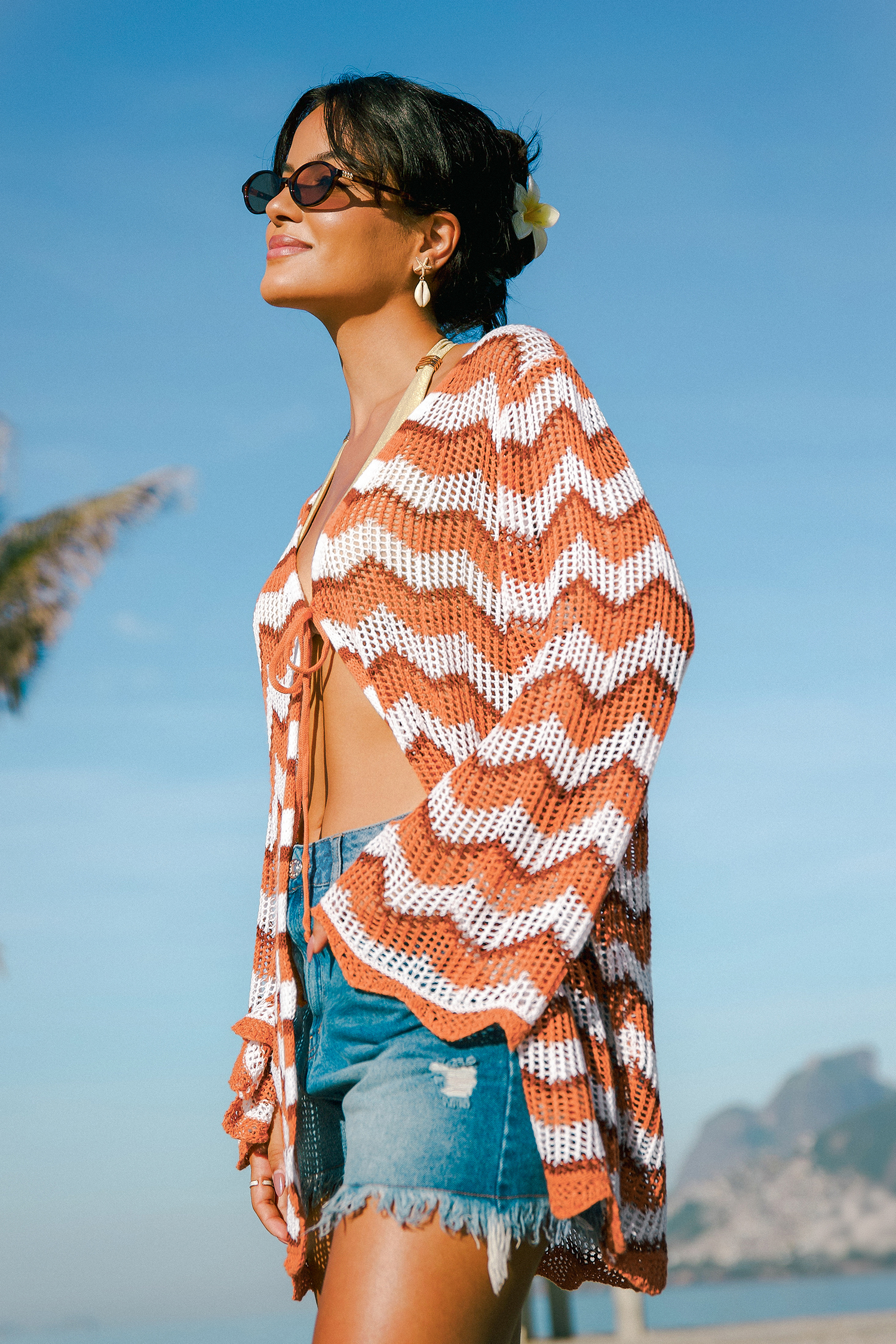 Chevron Longline Langarm Strick-Strand-Kimono