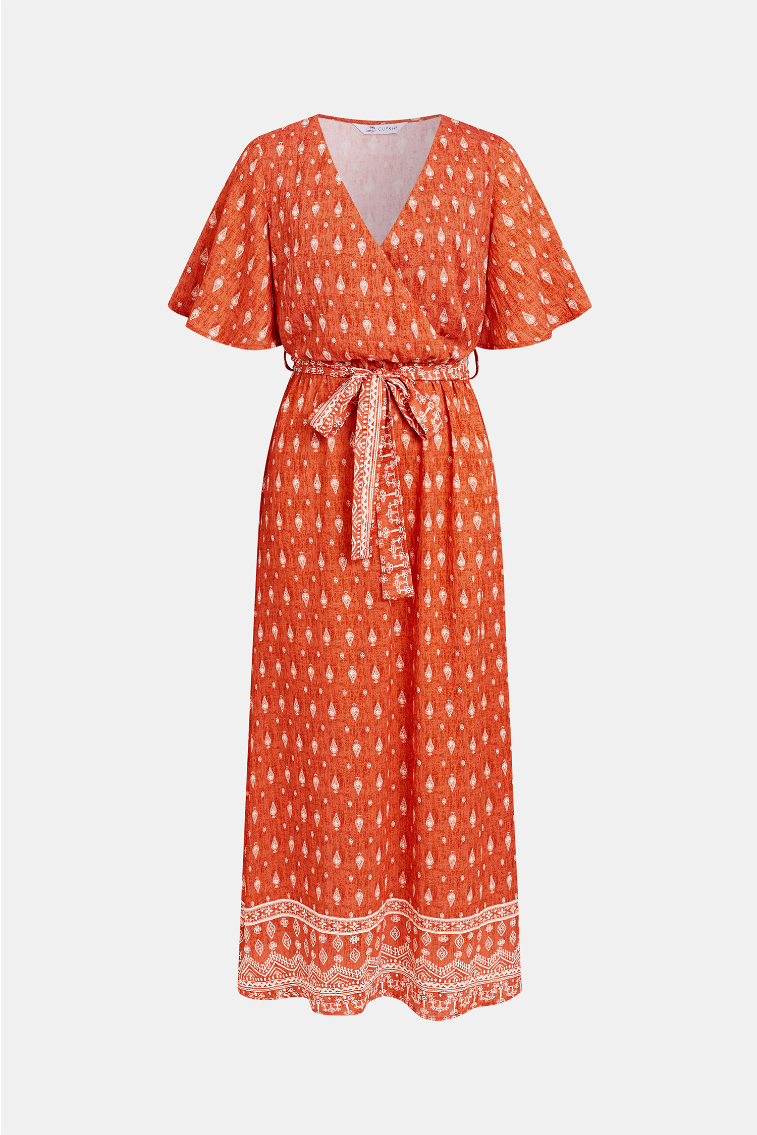 Orange Kurzarm Maxikleid mit Taillenband in Wickeloptik