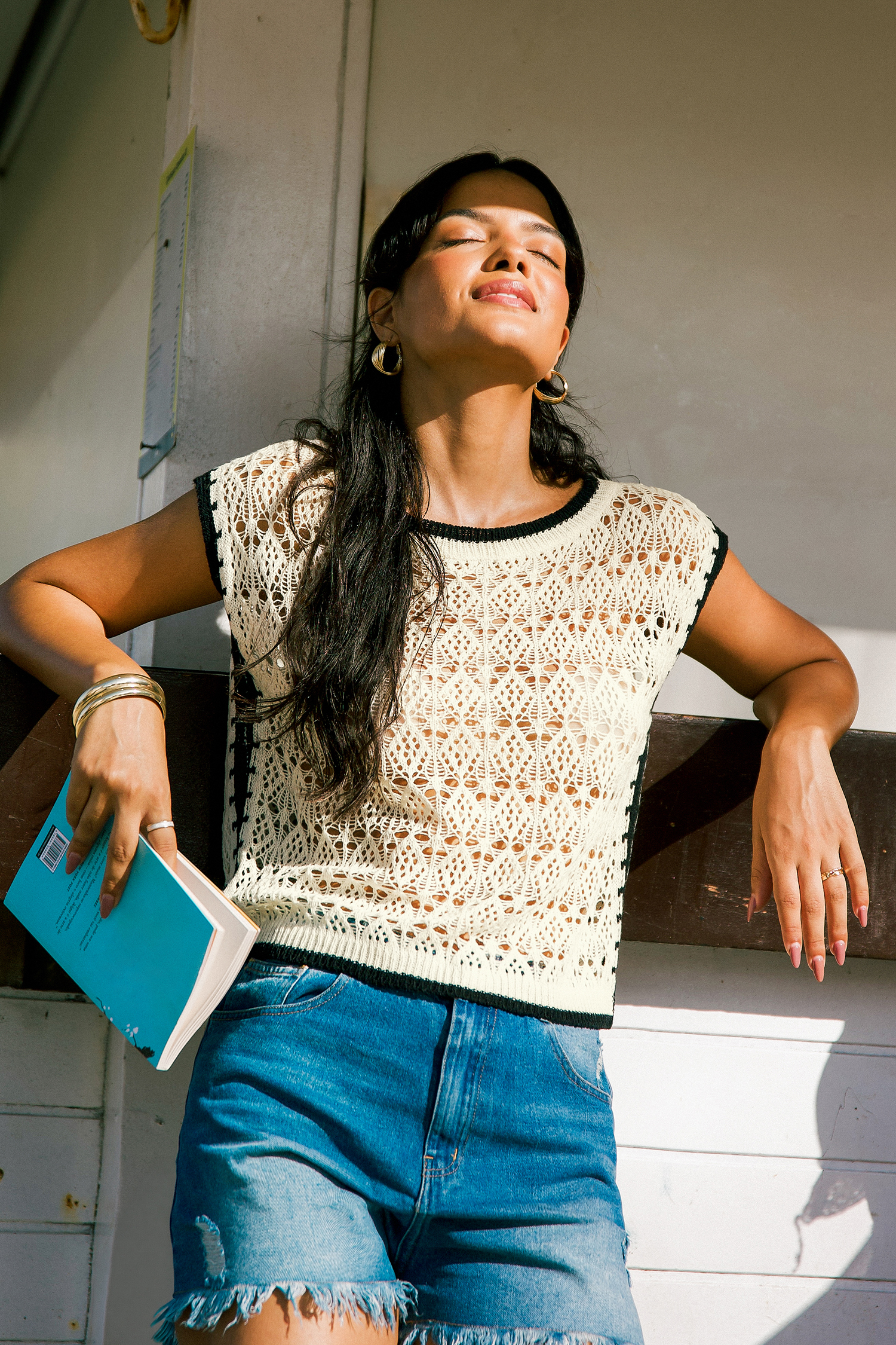 Beiges Kurzarm Strick-Strandtop