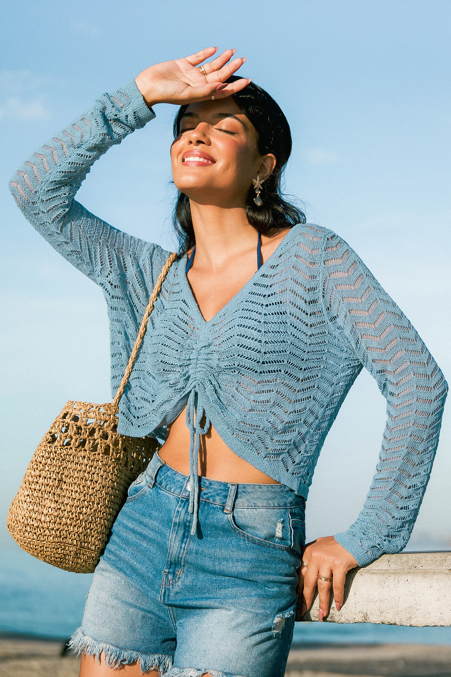 Blaues Langarm Gerafftes Strand-Top