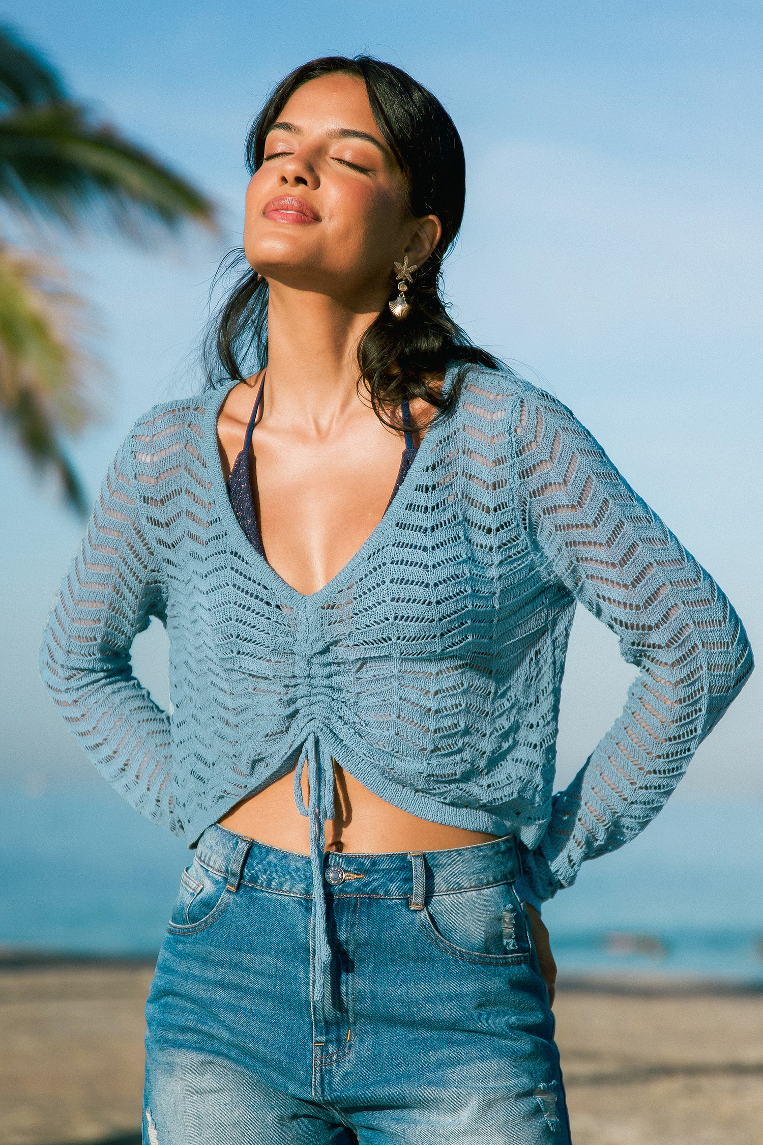 Blaues Langarm Gerafftes Strand-Top